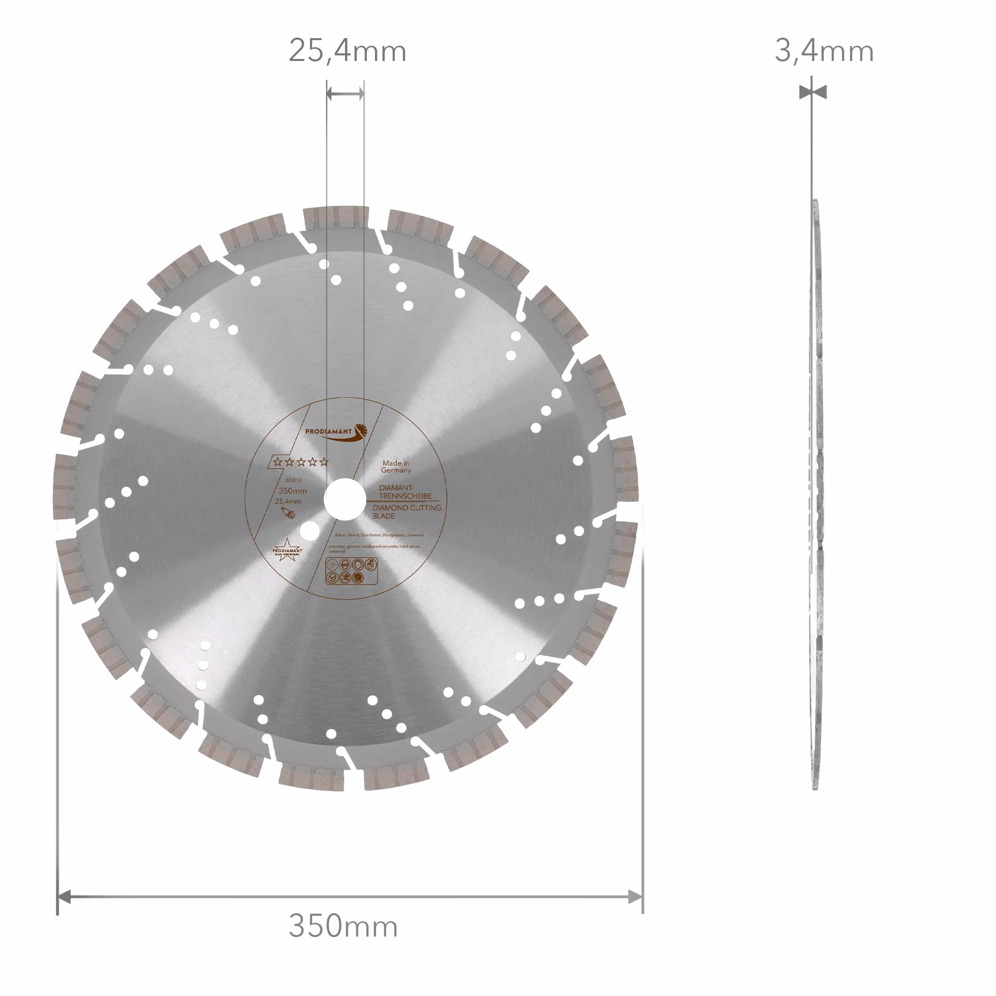 PRODIAMANT Profesjonalna diamentowa tarcza tnąca beton/granit Oxx 350 mm x 25,4 mm diamentowa tarcza do cięcia PDX82.118 350 mm do kamienia naturalnego, produktów betonowych, materiałów o średniej twardości i twardych