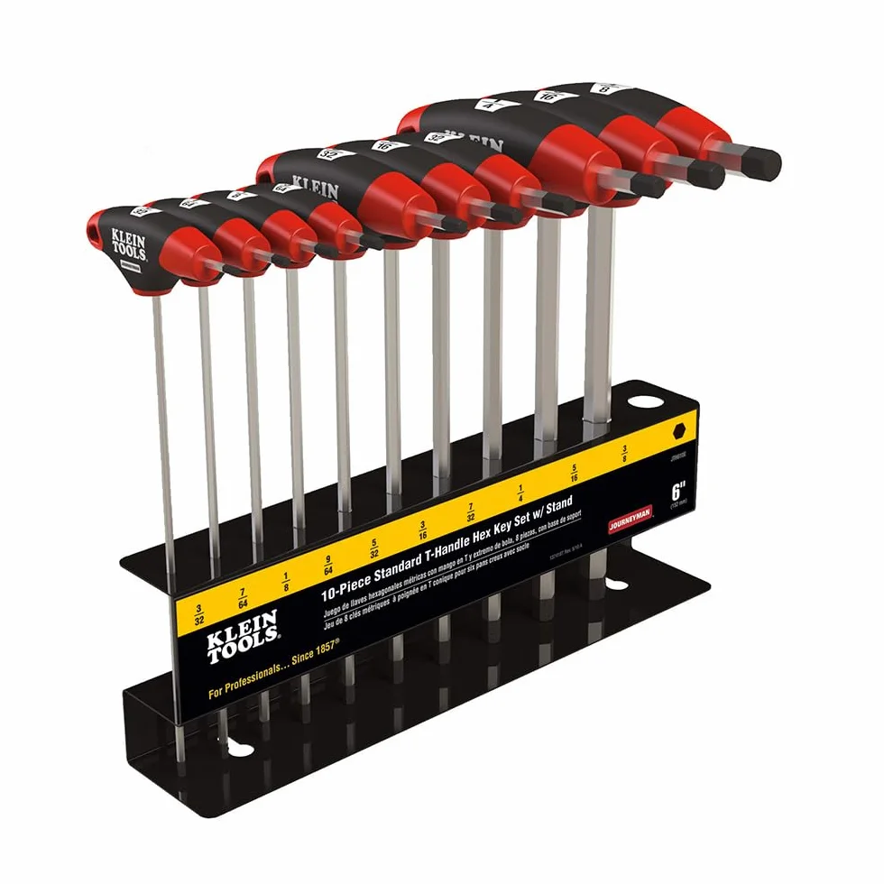KLEIN TOOLS JTH610E Zestaw kluczy imbusowych SAE z uchwytem w kształcie litery T z ostrzami 6-calowymi, stojak w zestawie, 10-częściowy