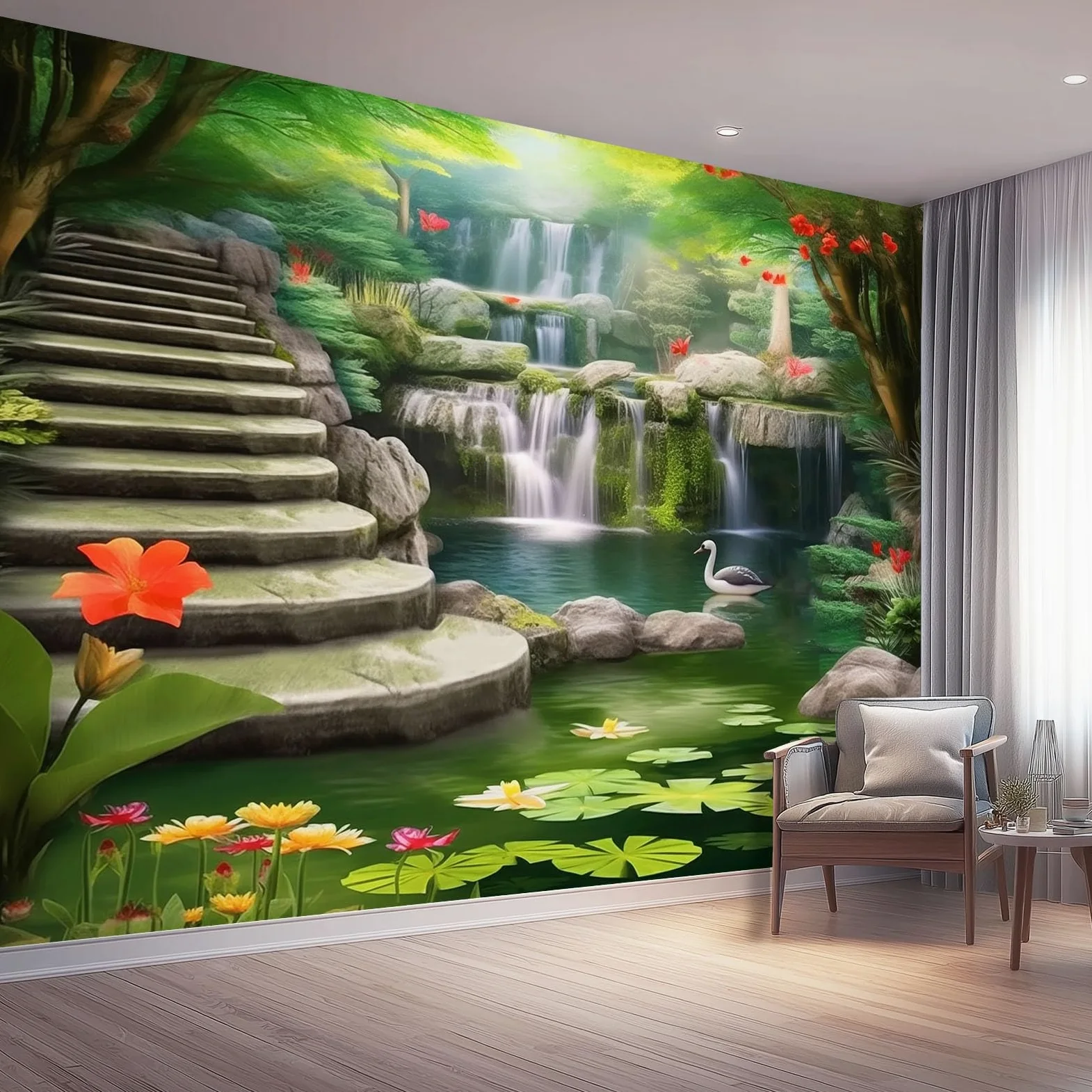 Tapeta 3D włóknina naturalna wodospad 3D 350 x 256 cm tapeta dekoracja ścienna do salonu sypialnia zielona