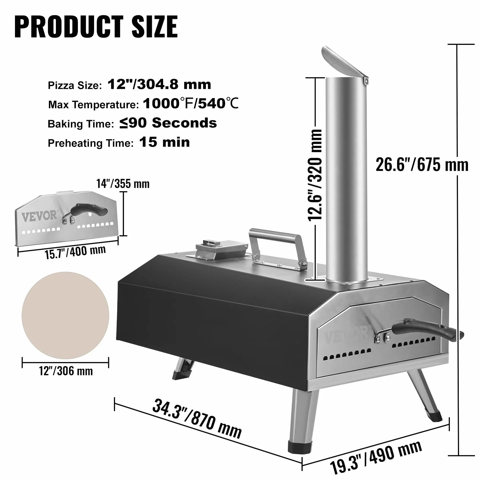 VEVOR Przenośny piec do pizzy gazowy 304,8 mm stal nierdzewna 540 ℃
