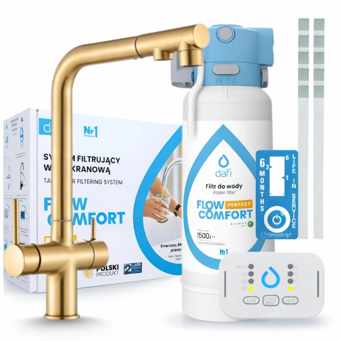 3-drożna bateria kuchenna Venom Pull-Out z systemem filtra wody Flow Comfort, wyciągana słuchawka, obracana o 360°, montaż jednootworowy, mosiądz, do zimnej i ciepłej i filtrowanej wody (złota)