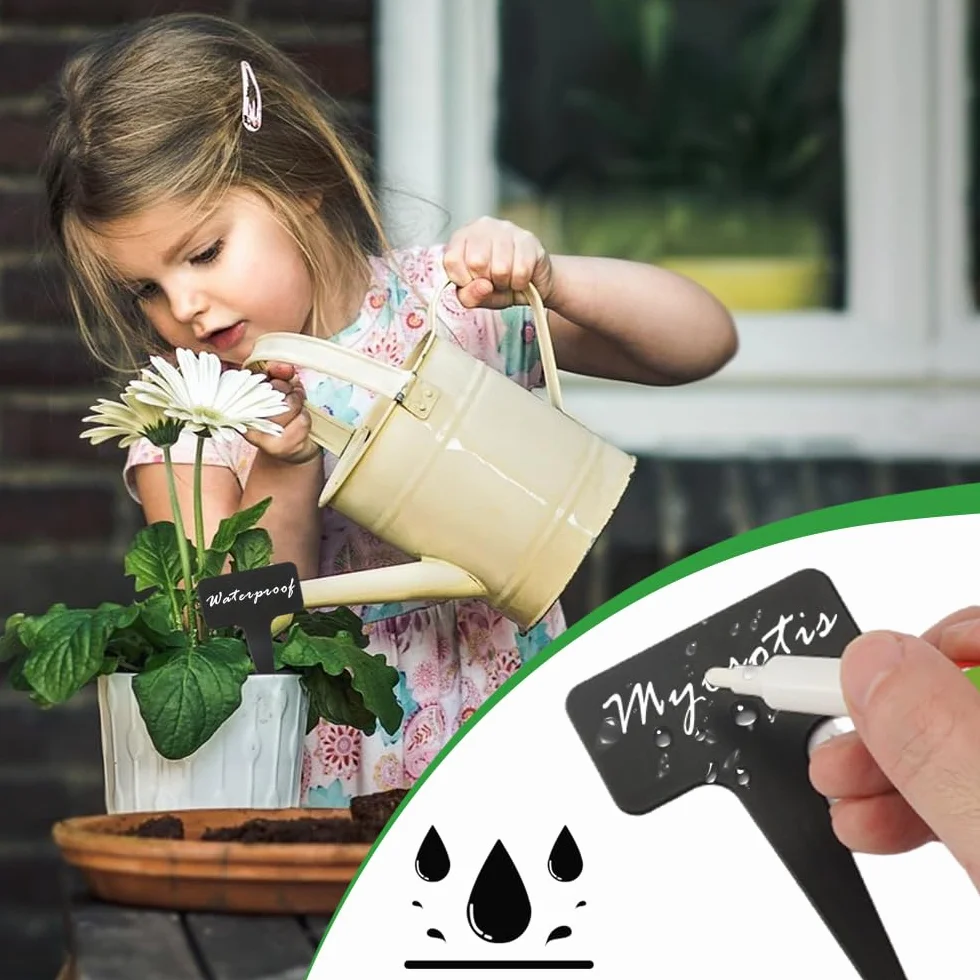200 sztuk plastikowych tabliczek na rośliny, czarne, 10 x 6 cm, odporne na warunki atmosferyczne, wtyki do opisywania roślin z 1 markerem, tabliczki kwiatowe wielokrotnego użytku, do użytku na