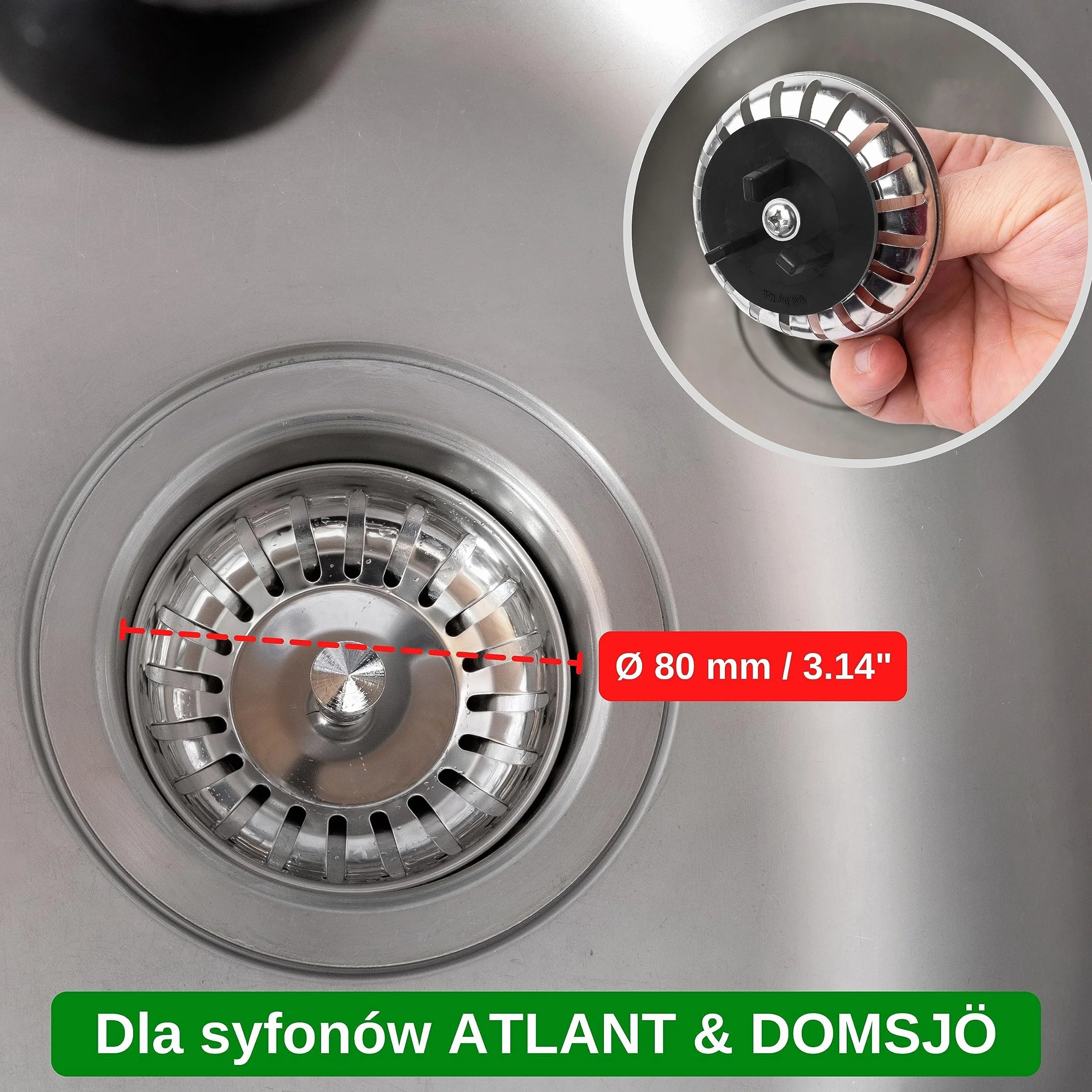 Sitko do zlewozmywaka IKEA ATLANT i DOMSJÖ, Ø 80 mm, kompatybilne z syfonem, kosz sitkowy z ulepszoną uszczelką, pasuje do zlewozmywaka Atlant i Domsjö, sitko z zatyczką