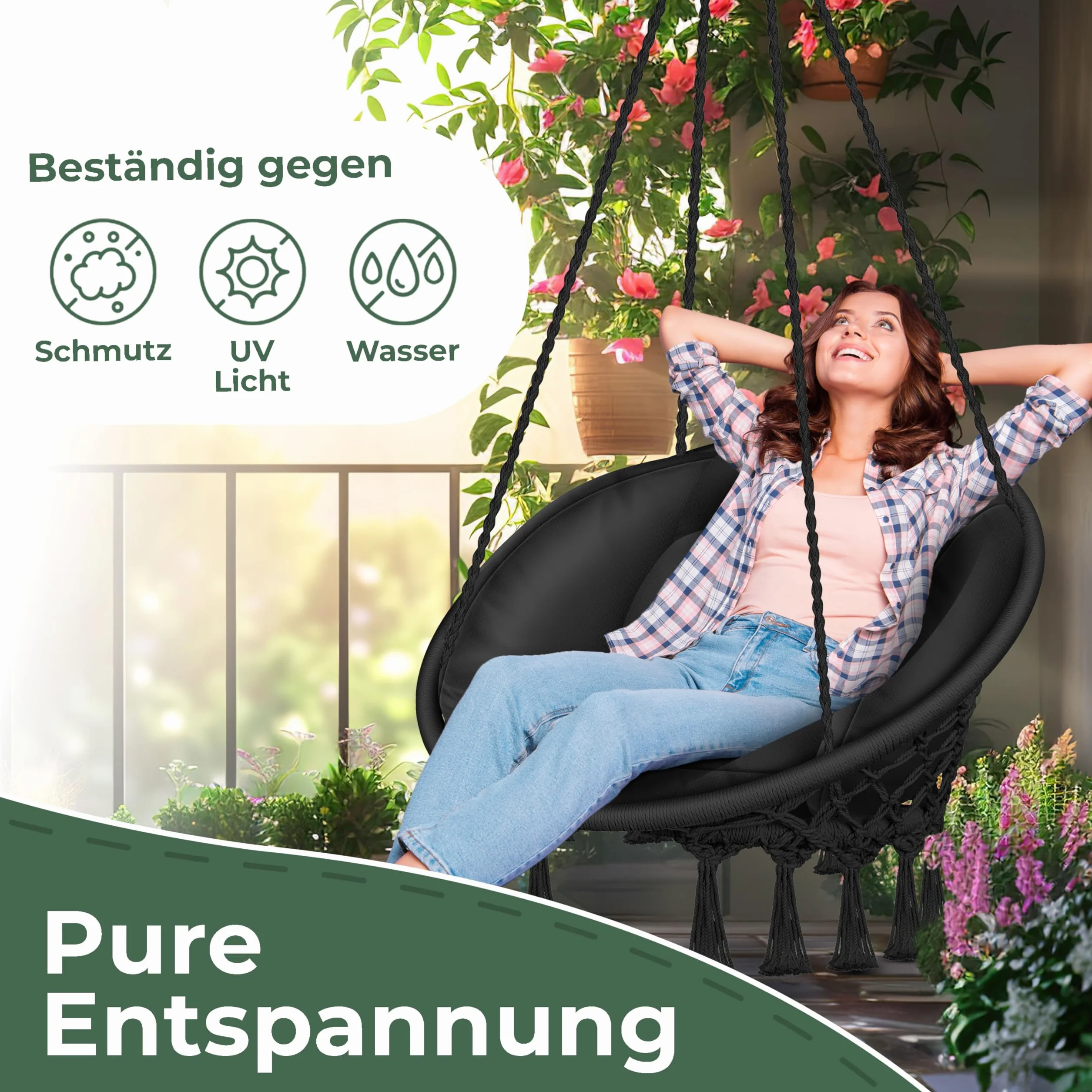 KESSER® Fotel wiszący z poduszką – Chill krzesło wiszące do zawieszenia dla dorosłych i dzieci, hamak do 150 kg, do zawieszenia wewnątrz i na zewnątrz, do salonu i ogrodu, na taras, czarny