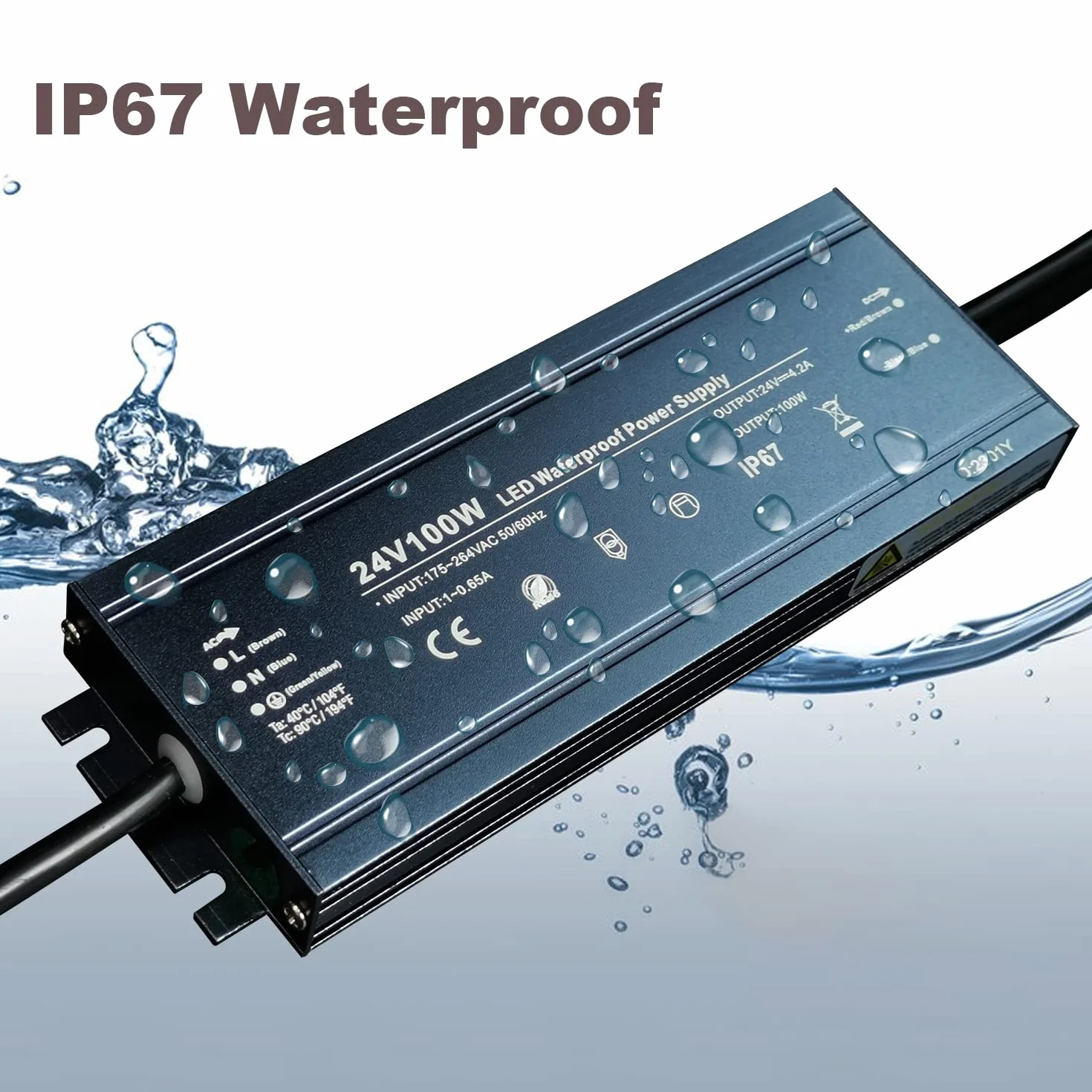 Zasilacz LED 24V 100W, Transformator Wodoodporny IP67 230V na 24V do taśm LED, Lampki, Kamery monitoringu na zewnątrz, 24VDC 0-4,2A
