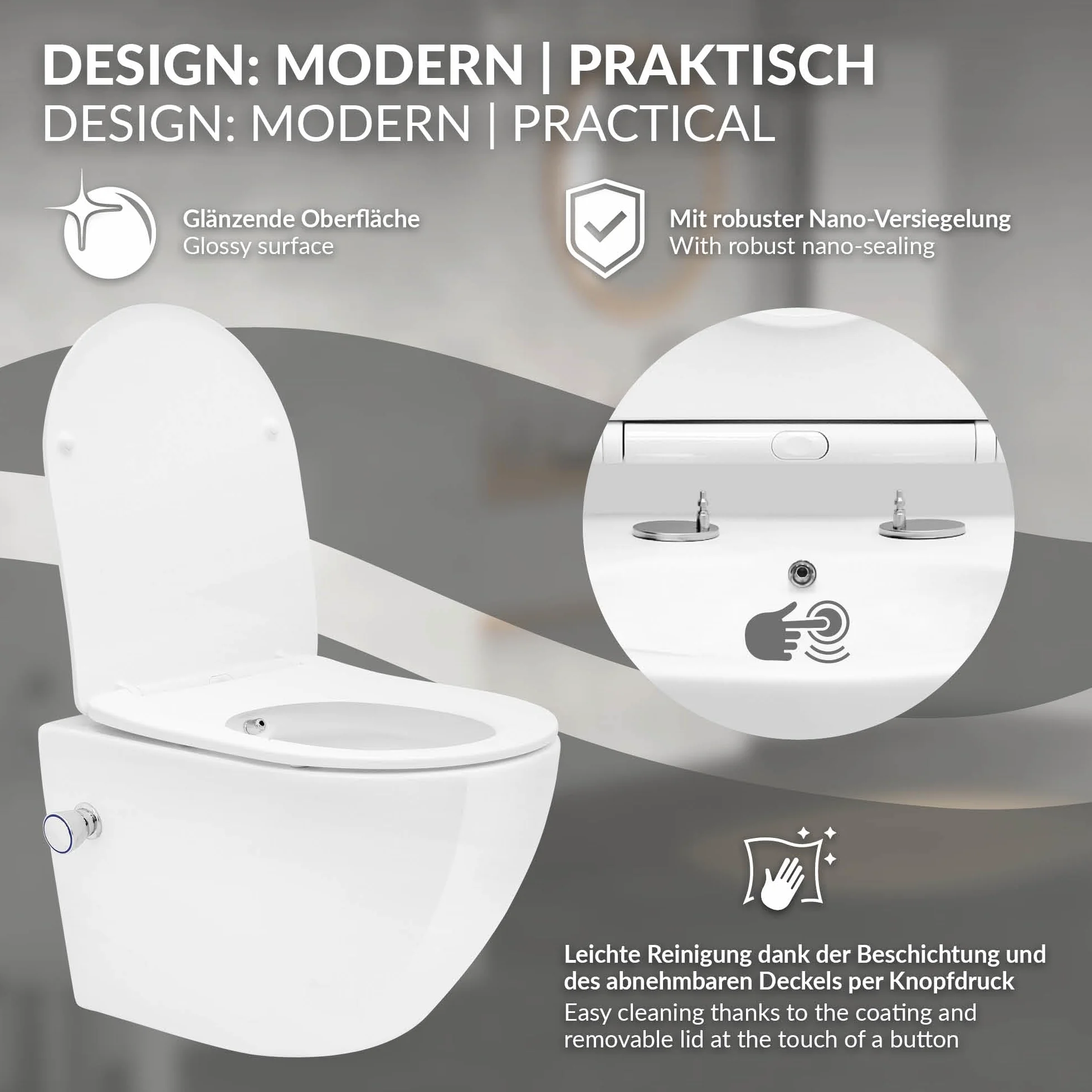 LuxeBath Miska WC Wiszaca Bezrantowa z Funkcja Bidetu, Biala, Nanopowloka, Spluczka Tornado, Ceramiczna, Krótka 49 cm, Blyszczaca z Deska Sedesowa z Cichego Domykania