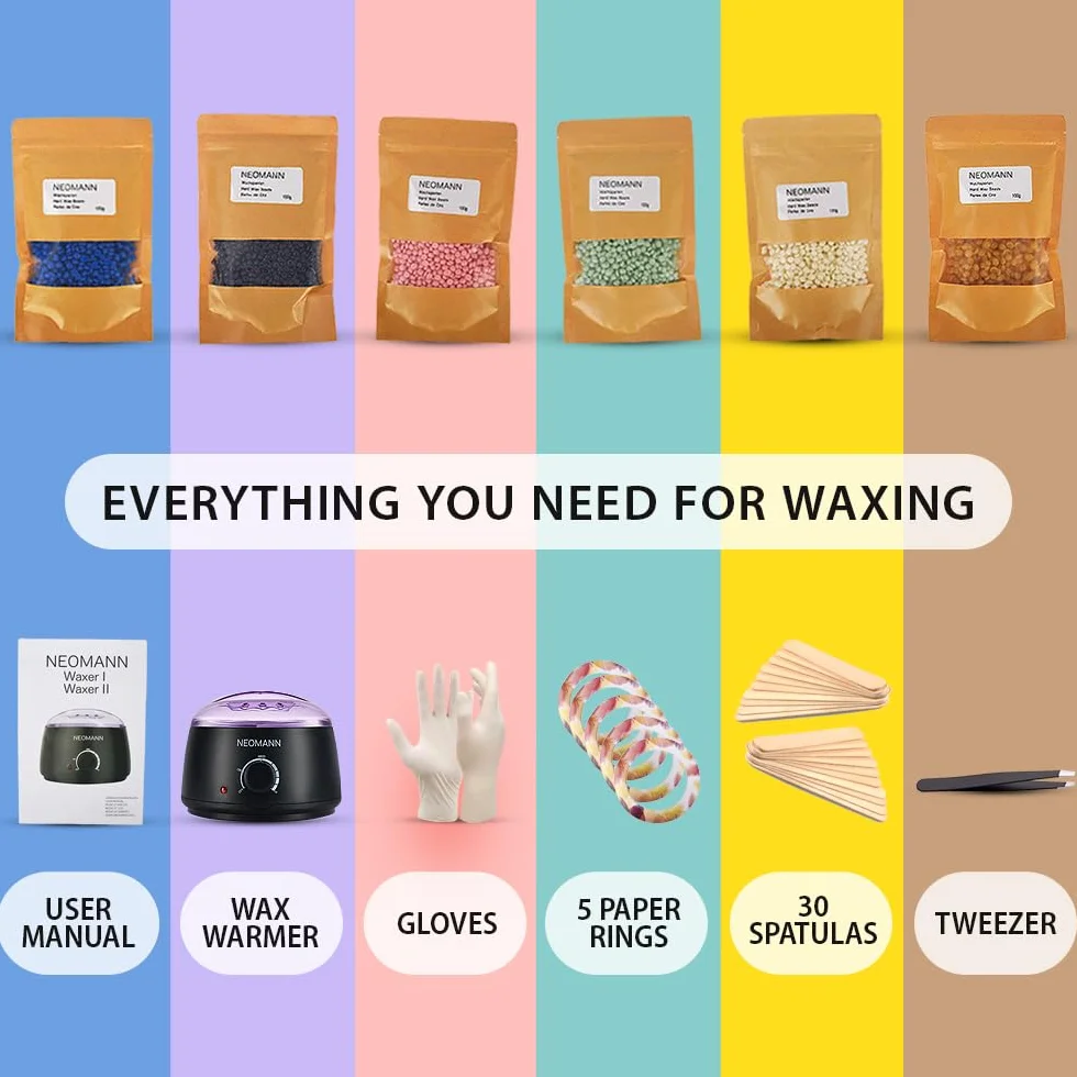 Waxer II Deluxe zestaw wosków dla kobiet i mężczyzn, nieklejący, powlekany teflonem – podgrzewacz do usuwania włosów, w zestawie 600 g pereł woskowych, 30 szpatułek, rękawiczek, pęsety (Waxer II