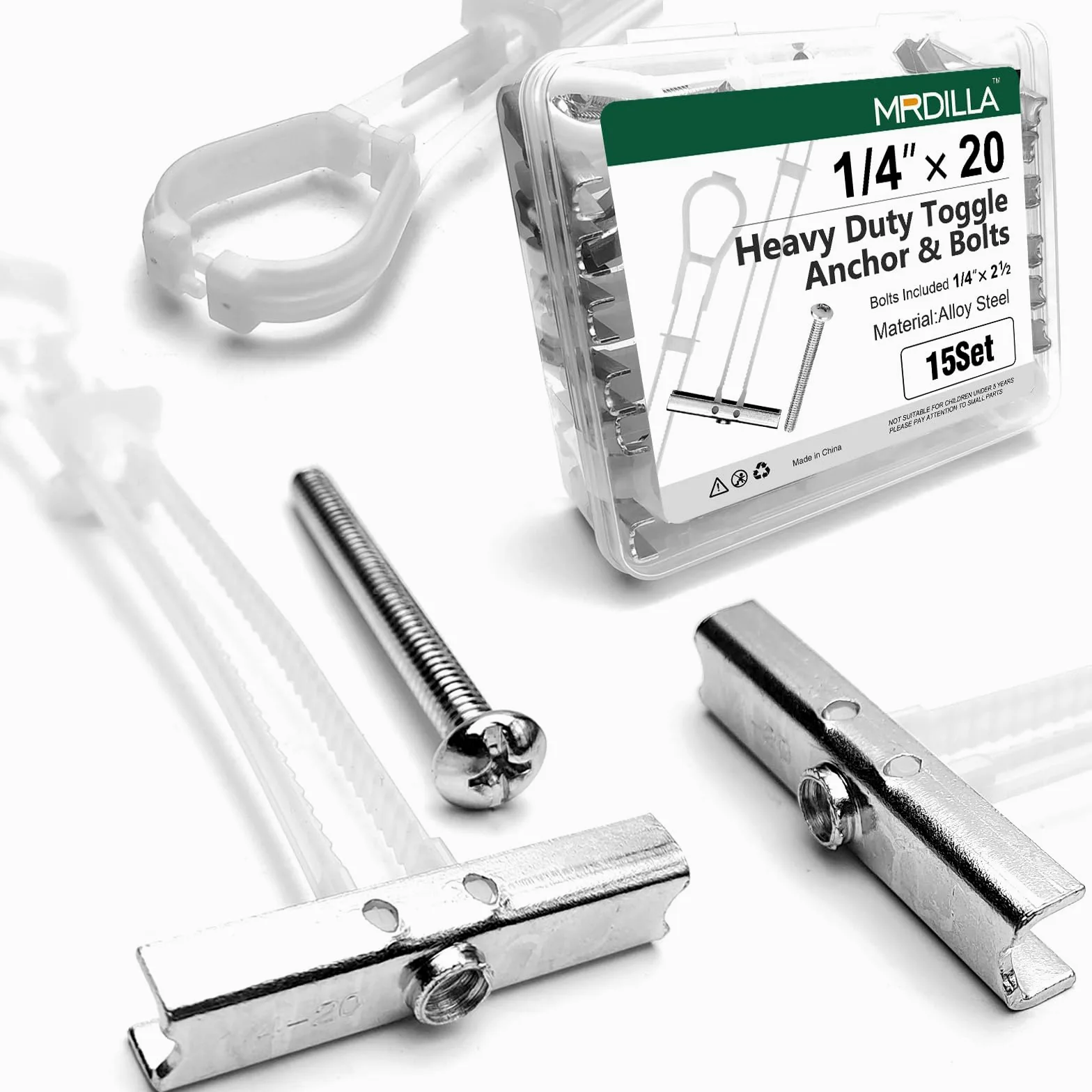 15 szt. śrub dźwigniowych 0,6 cm-20 do płyt kartonowo-gipsowych, kotwy z metalowym paskiem | Obciążenie do 117 kg, konstrukcja przełącznika sprężynowego