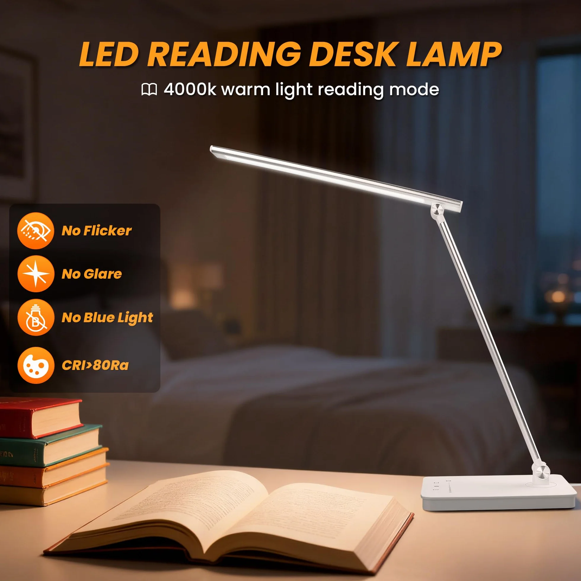 Akynite Lampa biurkowa LED z możliwością przyciemniania ochrona oczu z portem ładowania USB adapter 2 A w zestawie lampka do czytania, 5 kolorów i 5 jasności, dotykowa lampa stołowa dla dzieci