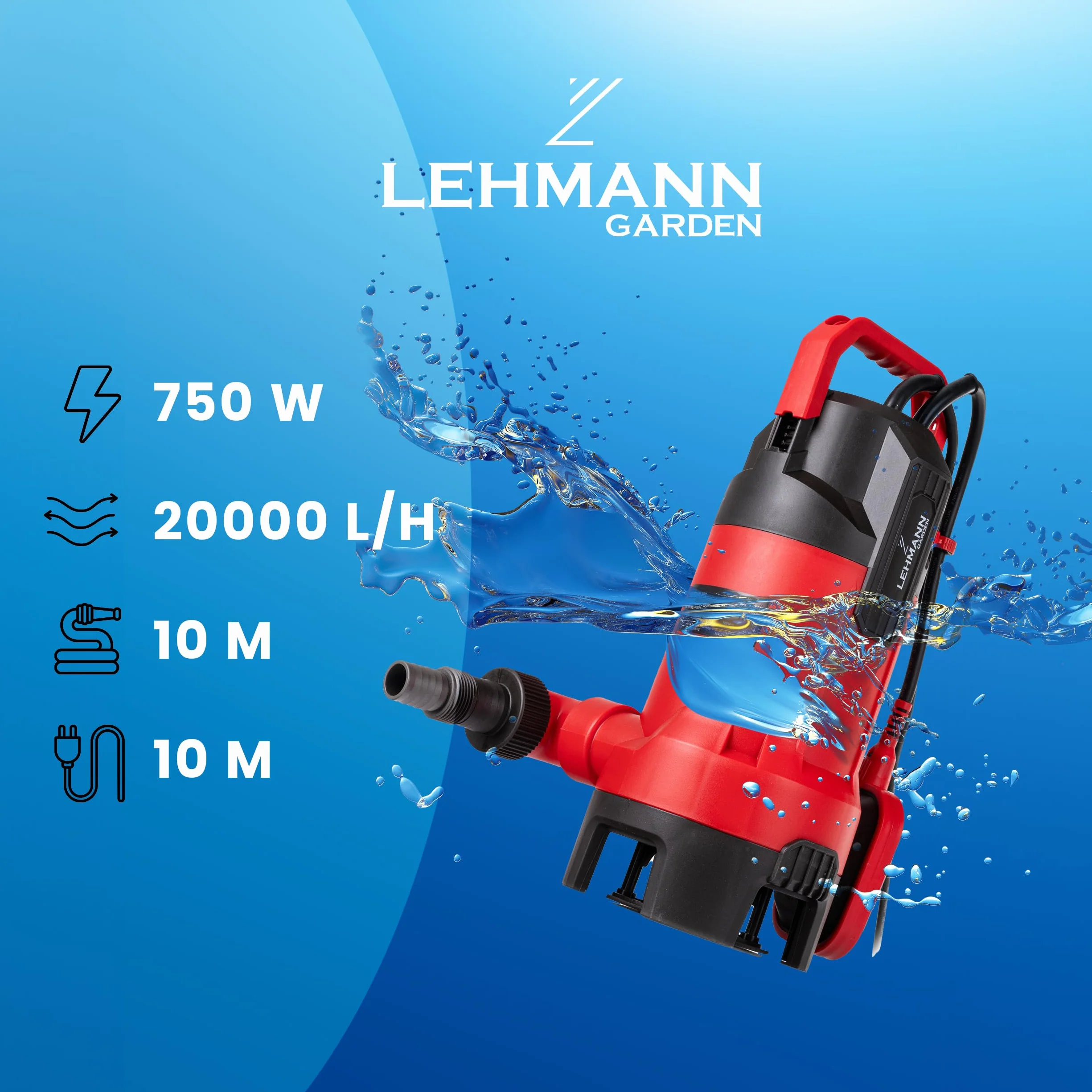 LEHMANN Pompa głębinowa ze zintegrowanym pływakiem do wody brudnej i czystej (750 W, wydajność tłoczenia 20000 l/h, maks. wysokość tłoczenia 10 m), cząstki Ø 35 mm, IPX8