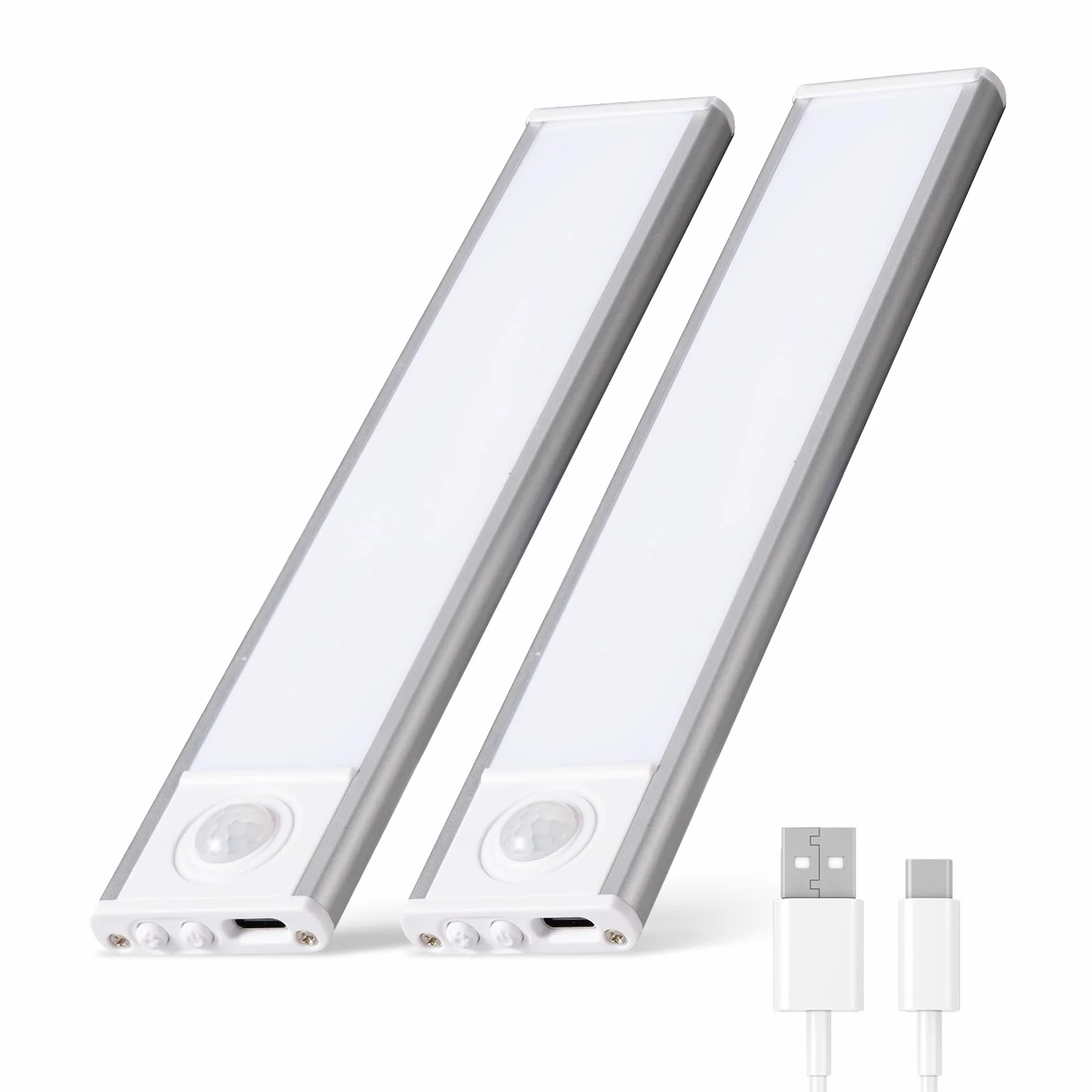 Lampa podszafkowa LED 20 cm, 2 sztuki, oświetlenie szafki dolnej, bezprzewodowa, ładowana listwa oświetleniowa USB, oświetlenie szafki do kuchni, srebrna