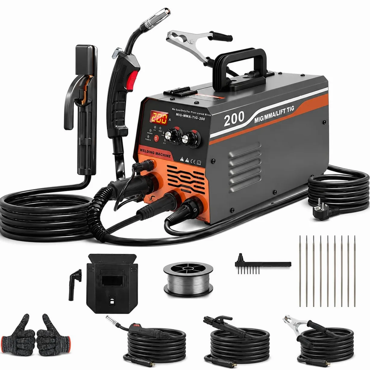 VOBOR Spawarka bezgazowa 200 A, 220 V, spawarka elektrodowa synergiczna 3 w 1 MIG/ARC/Lift TIG IGBT inwerter spawacz z drutem 1,0 mm pręt, pistolet spawalniczy MIG