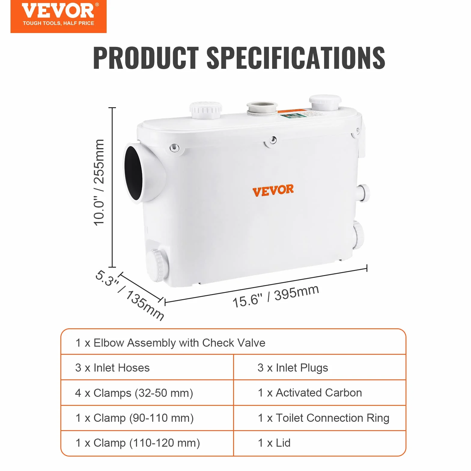 VEVOR Młynek sanitarny 500 W Pompa podnosząca ścieki 6600 l/h Głowica 8 m 3 wloty wody do toalety Piwnica Kuchnia Zlew Prysznic Wanna Pralnia Spłuczka Ścieki