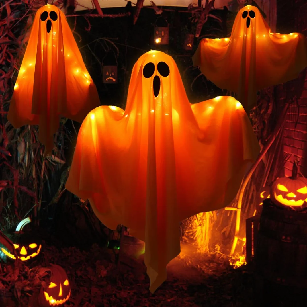 Dekoracja na Halloween, 3-częściowy wiszący duch z oświetleniem, dekoracja w kształcie chorągiewki LED (pomarańczowe światło), do ogrodu na Halloween, wewnątrz i na zewnątrz