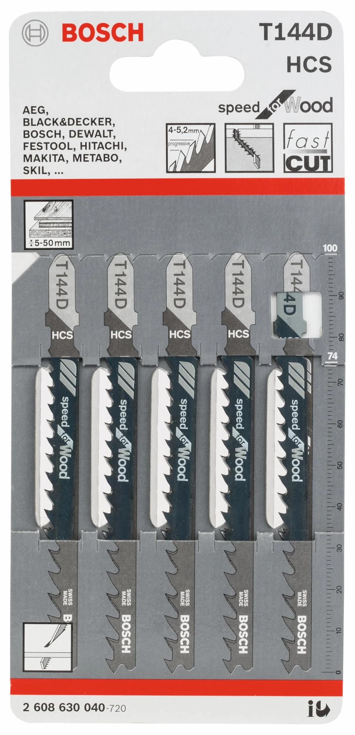 Bosch 5x Brzeszczot do wyrzynarek T 144 D Speed for Wood (do cięcia w drewnie, Długość 100 mm, profesjonalne akcesoria wyrzynarka)