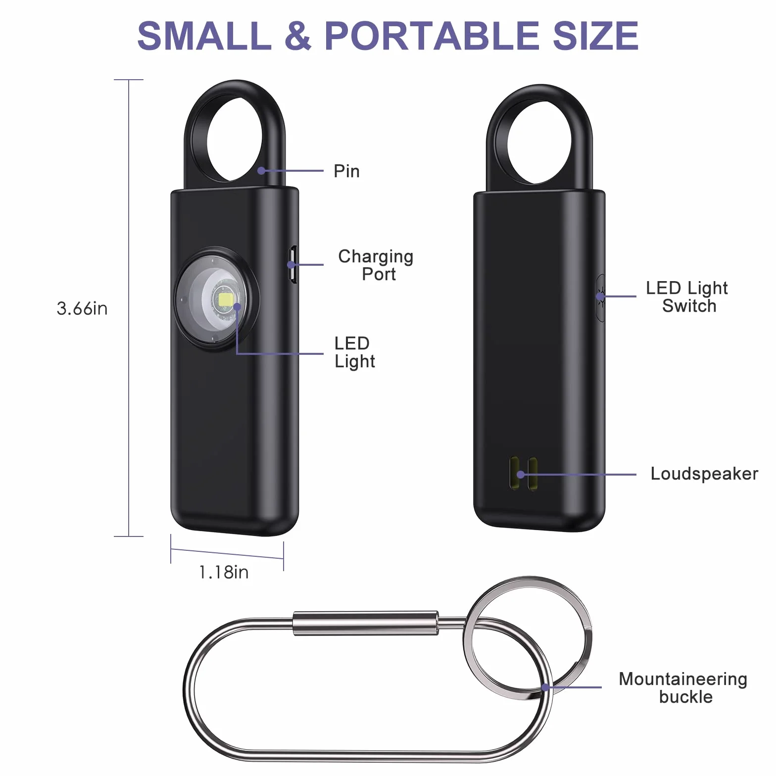 Alarm kieszonkowy dla kobiet, syrenka 130 dB z oświetleniem LED, osobisty brelok, samoobrona z akumulatorem USB, dla kobiet/dzieci