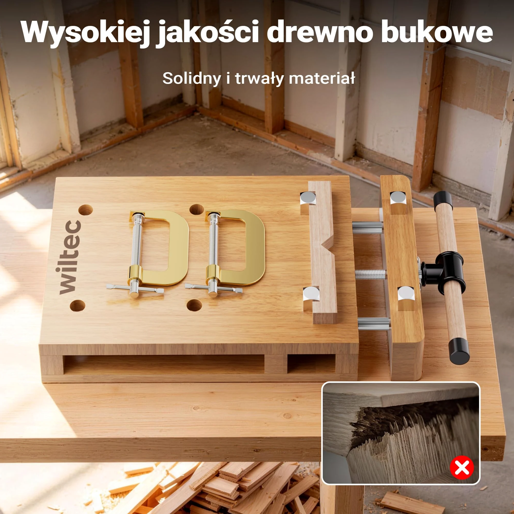 Wiltec Płyta strugarska z imadłem, kompaktowe 45,5 x 28 x 7 cm, mini stół stolarski z 2 zaciskami śrubowymi do mocowania na stole, drewno bukowe