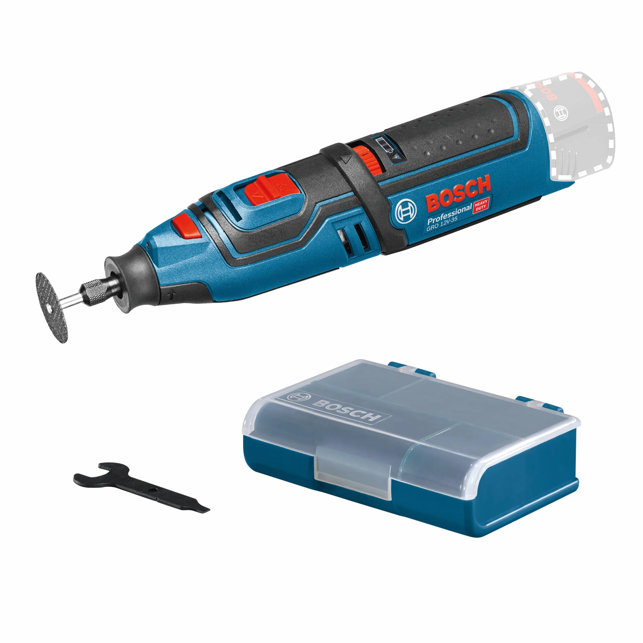 Bosch Professional system 12V: akumulatorowe narzędzie wysokoobrotowe GRO 12V-35 (5 tarcz tnących, trzpień ustalający, przystawka na obudowę, klucz, zacisk, skrzynka na osprzęt)