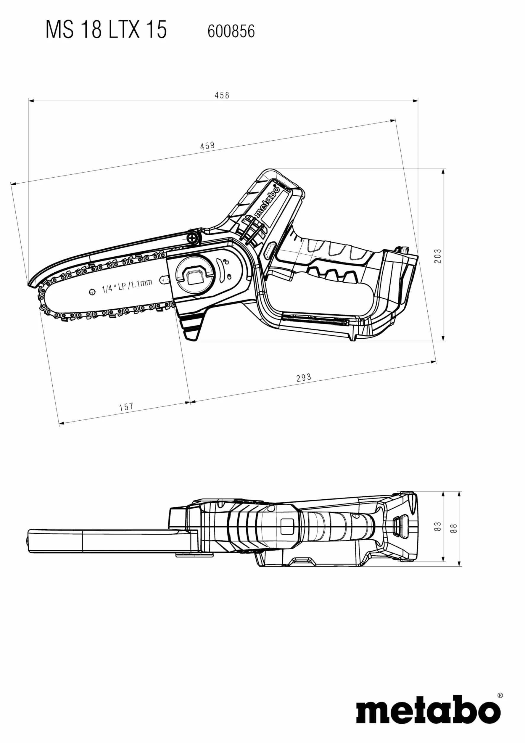 Metabo akumulatorowa piła do drewna – 600856840 – Mała pilarka łańcuchowa 15 cm do prac ogrodowych – Bez akumulatora – W zestawie metaBOX