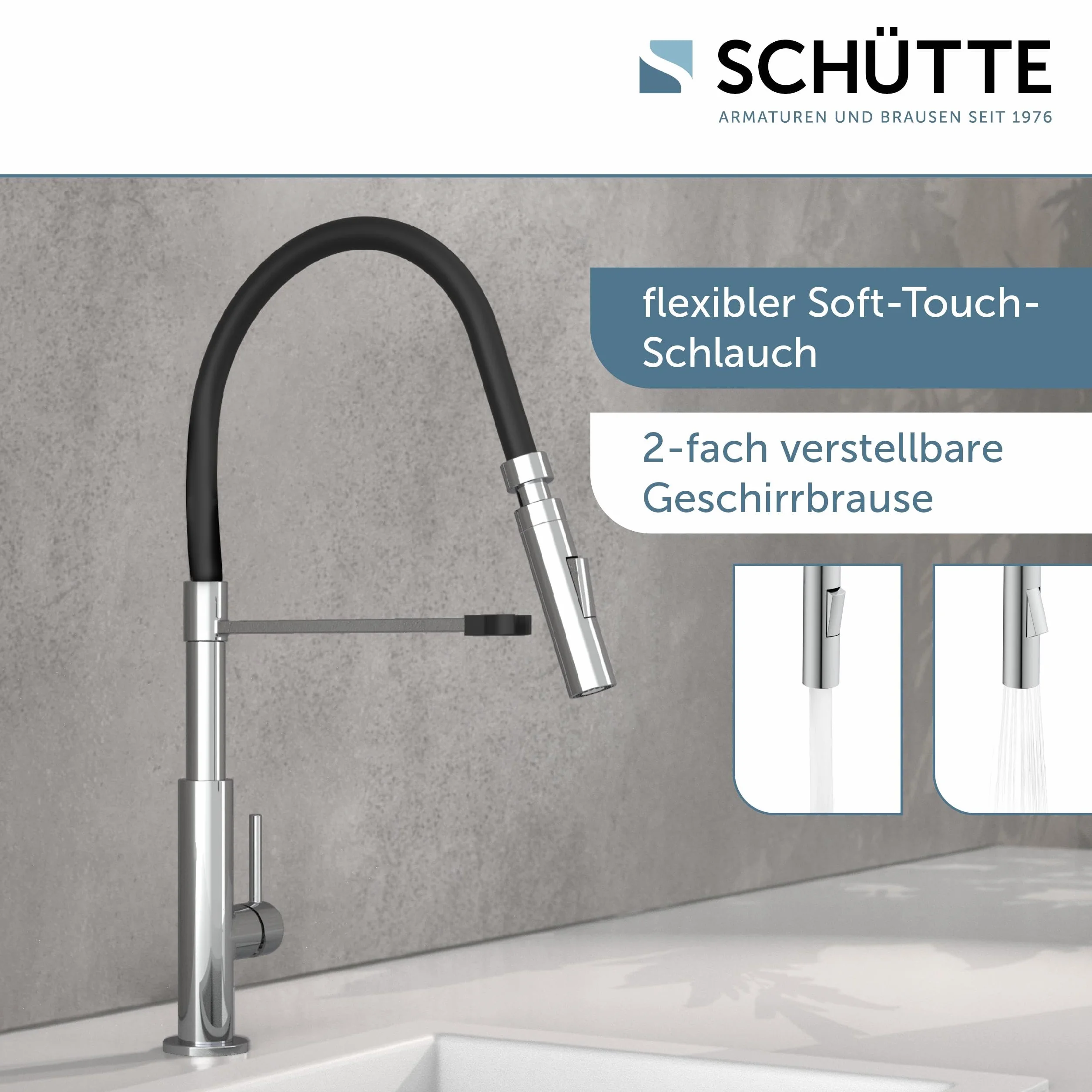 SCHÜTTE 79180 STILO Kuchenna Bateria z Wyciąganą Wylewką, Obrotowa 360 Stopni, Jednouchwytowa Zlewozmywakowa, Chrom/Czarny