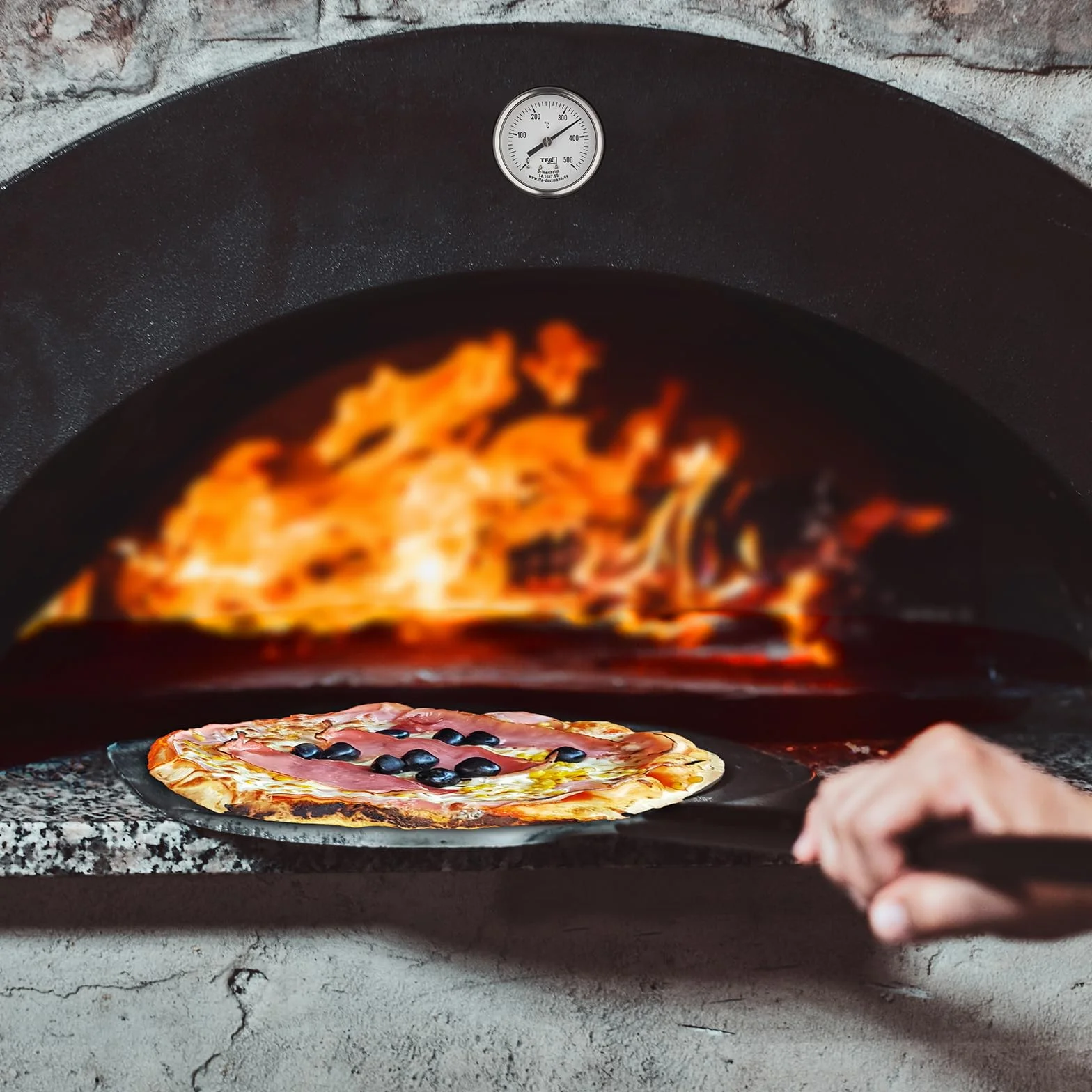 TFA Dostmann Analogowy termometr ze stali nierdzewnej do 500°C, 14.1037, nadaje się do pieca do pizzy, pieca kamiennego, pieca na drewno lub grilla/wędzarni, z czujnikiem kabla, częścią zamienną lub