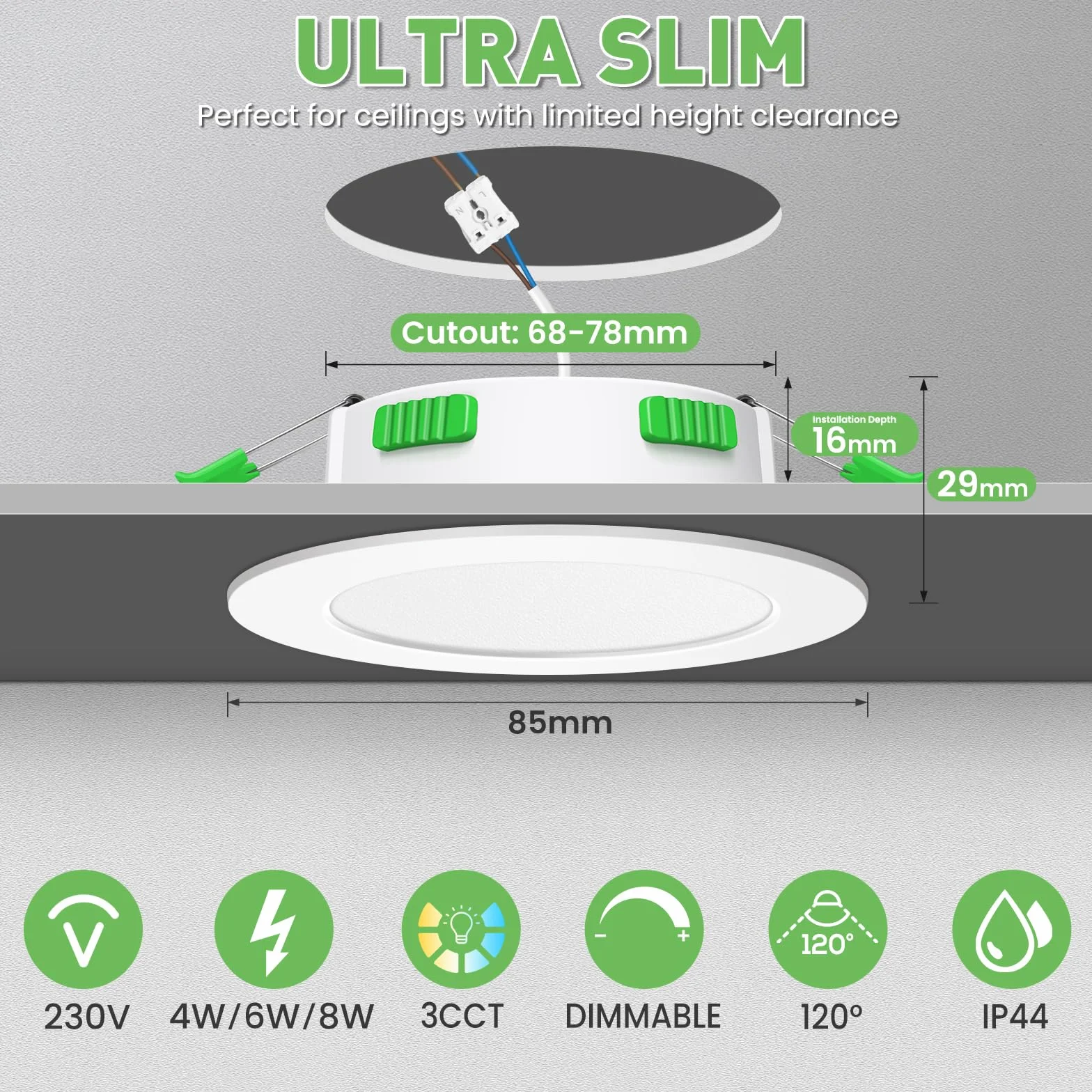 ALUSSO Ściemniany Punkt LED 230V 3WT 4W/6W/8W 3CCT 3000K/4000K/6500K Wodoodporny IP44 Regulowany Wbudowany Reflektor Suﬁtowy do Łazienki, Salonu, Opakowanie 10szt, Okrągły, Biały