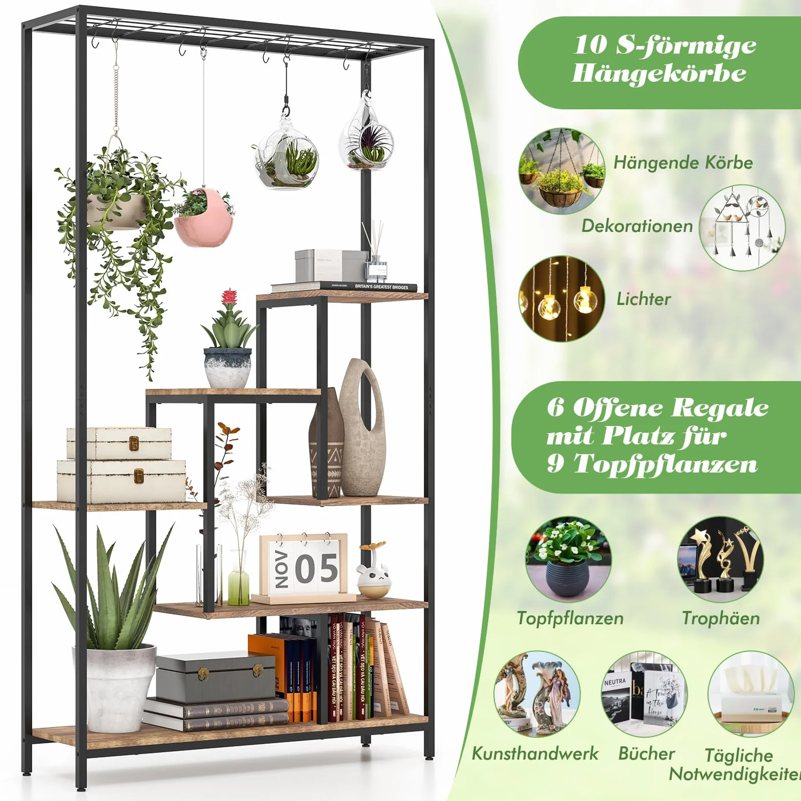 GOPLUS 6-piętrowy stojak na rośliny z wiszącym regałem i 10 hakami 100 x 30 x 180 cm