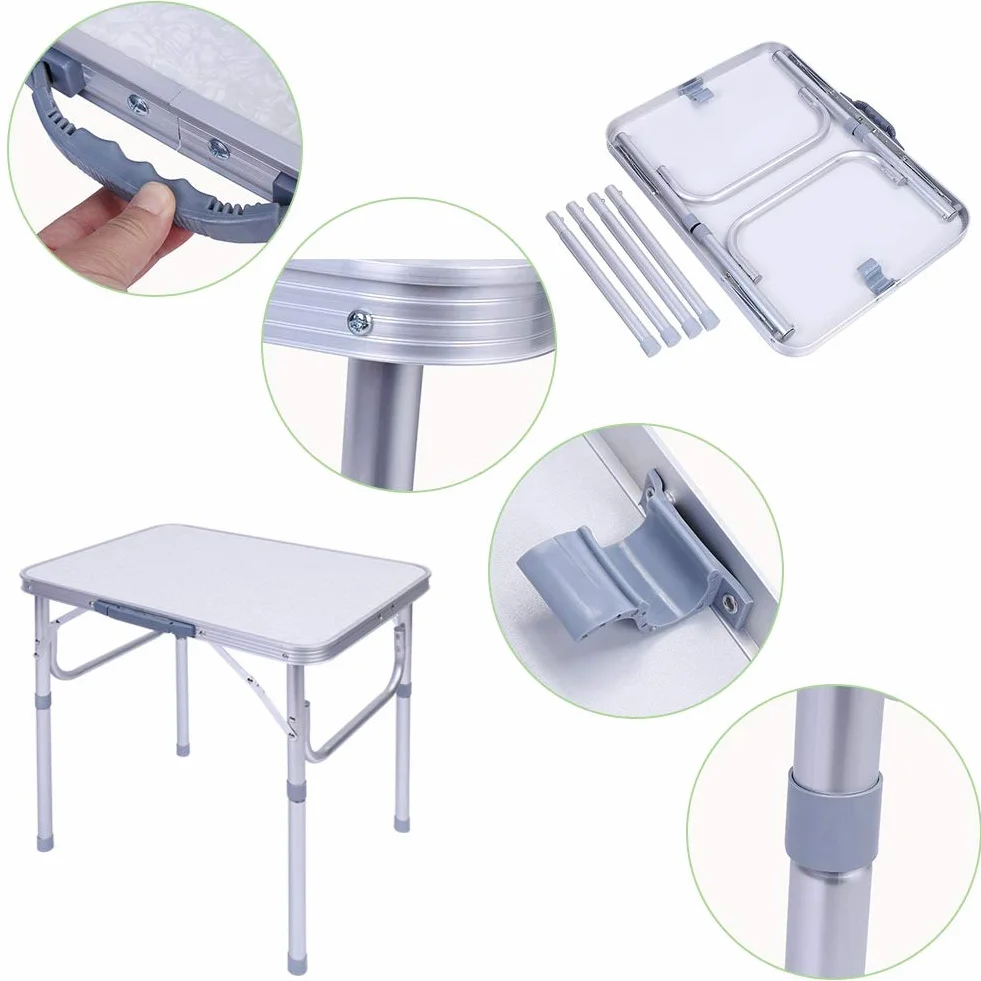 Przenośny składany stół kempingowy, regulowana wysokość 25-56 cm, aluminiowe biurko kempingowe, nierdzewne i odporne na korozję, 60,2 x 45 x 56 cm,