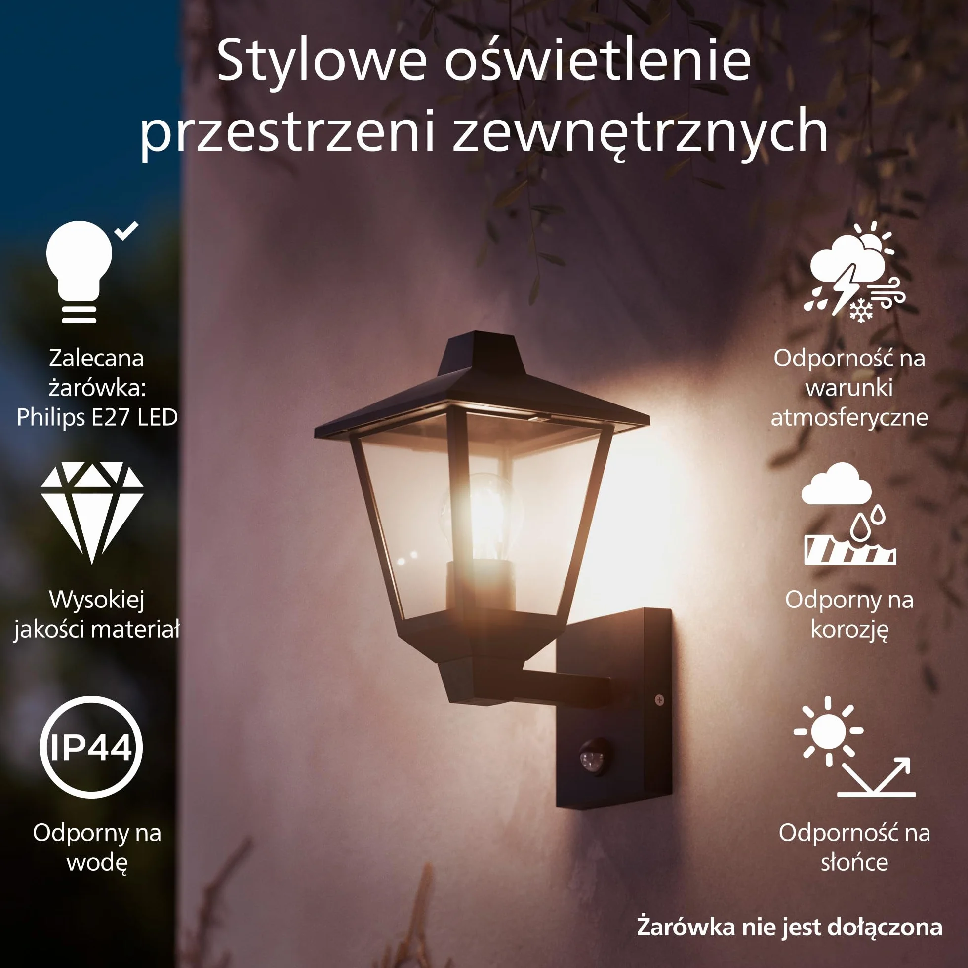 Philips Kinno Zewnętrzna Lampa Ścienna z Czujnikiem, Max 25W, Gniazdo E27, Czarna