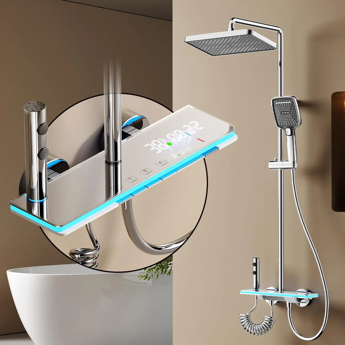 Kolumna prysznicowa z baterią, system prysznicowy z deszczownicą 30x20cm, ukryta wylewka do wanny, cyfrowy wyświetlacz LED, chrom
