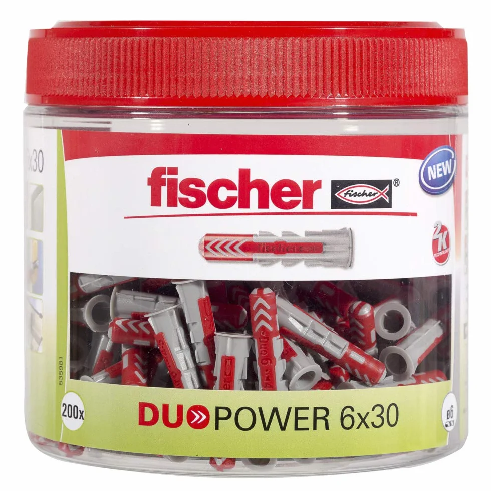 fischer DUOPOWER 6 x 30, poręczne okrągłe pudełko z 200 uniwersalnymi kołkami, wysokowydajny 2-komponentowy kołek, plastikowy kołek do mocowania w betonie, cegle, kamieniu, płytach gipsowo-kartonowych i wielu innych.