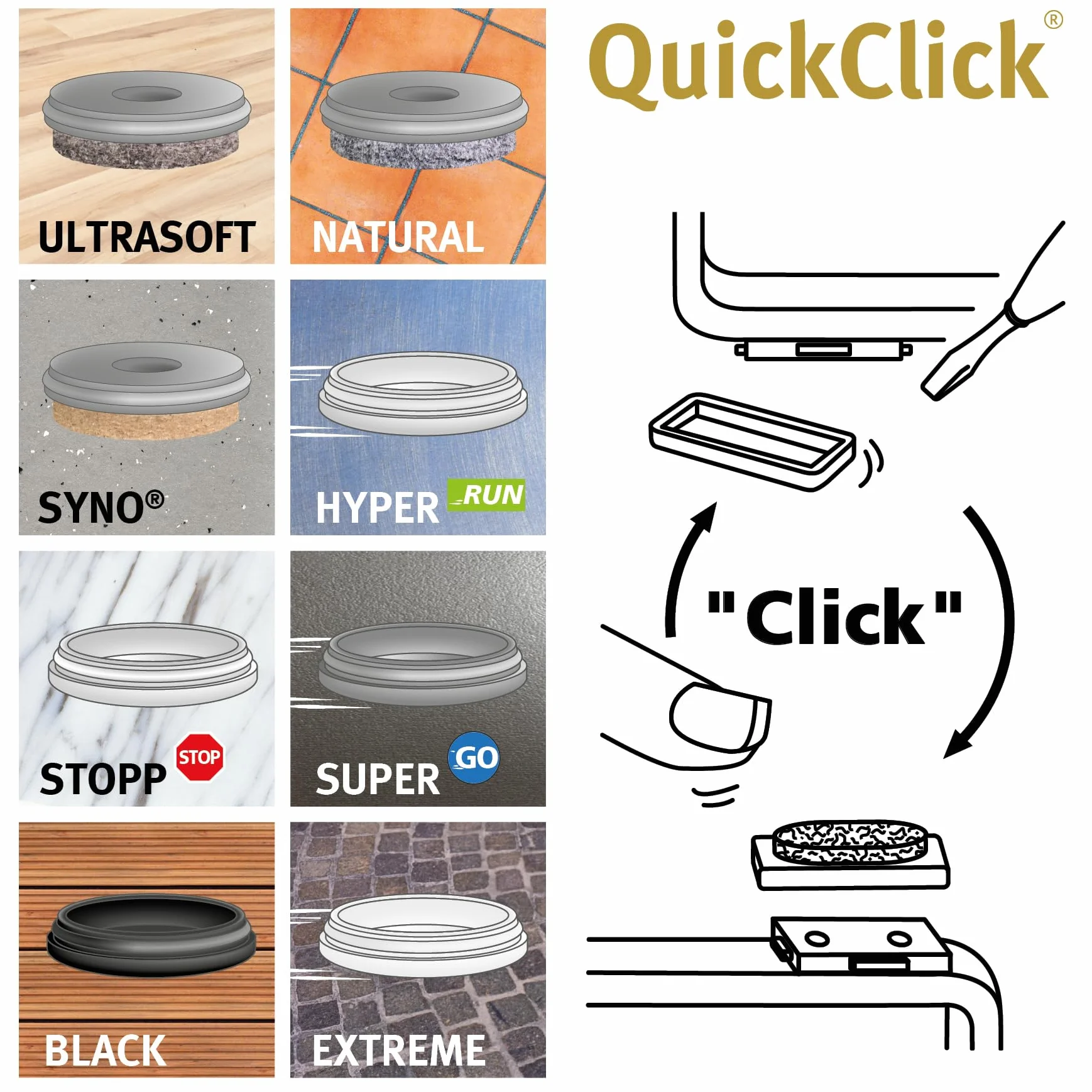 Wagner QuickClick® podkładki filcowe ślizgacze na krzesła, zestaw 4 szt. do przykręcenia I 4 x podstawa + 8 x śruba + 4 x wymienne wkładki ślizgowe - filc wełniany Ultrasoft - wkładka 32 x 15 mm - wyprodukowano w Niemczech - 15782800