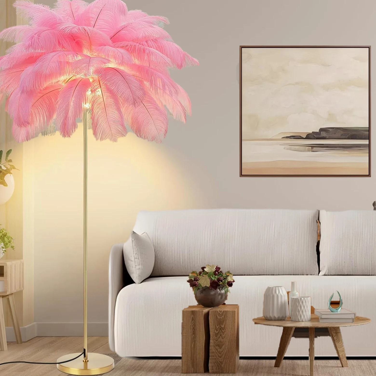 Lampa stojąca z piórami, nowoczesna, 160 cm, duża, strusie pióra, złota lampa stojąca z abażurem ze sprężynami, 3-kolorowe ściemnianie, z przełącznikiem przyciskowym, oświetlenie dekoracyjne