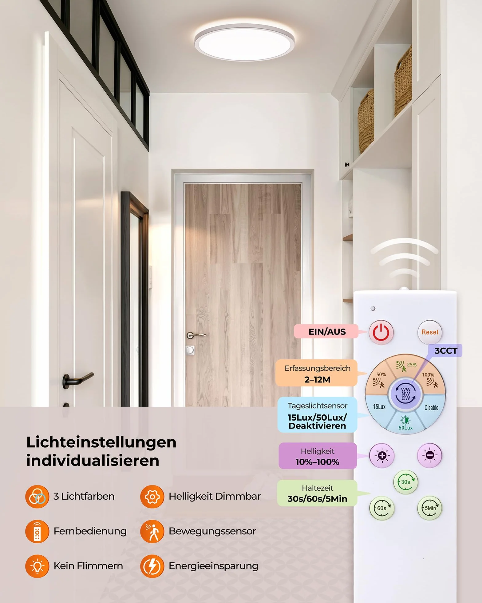 BLNAN LED Oprawa sufitowa z czujnikiem ruchu radarowym 24W, płaska lampa sufitowa z pilotem, panel z czujnikiem ruchu, ciepła neutralna zimna biel do łazienki, korytarza, schodów, toalety, garażu 30cm