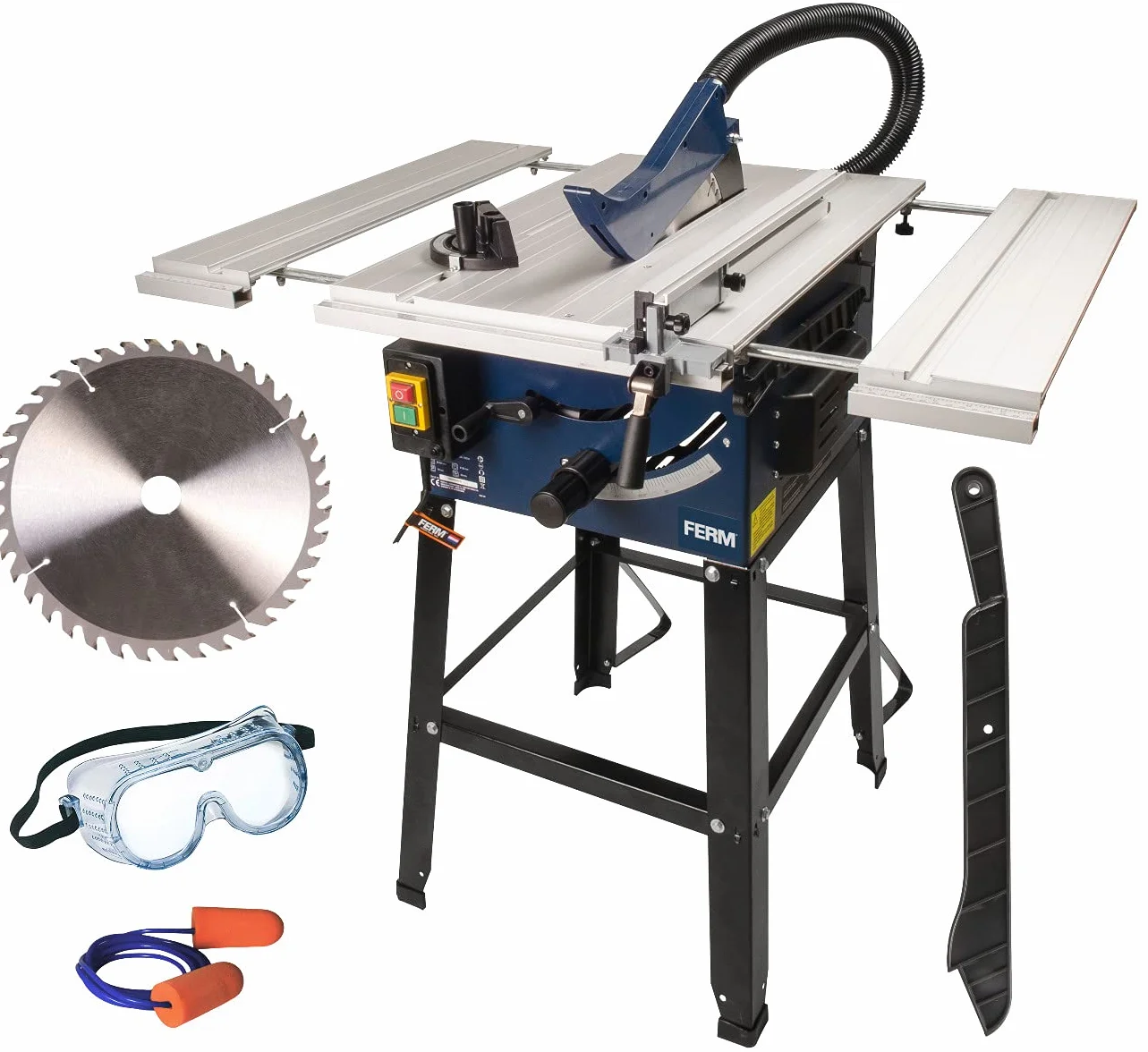 FERM Stołowa pilarka tarczowa 250 mm - 1800 W - wysuwany aluminiowy stół roboczy - adapter próżniowy - ogranicznik kątowy i prowadnica równoległa - w zestawie brzeszczot T40 (TCT)
