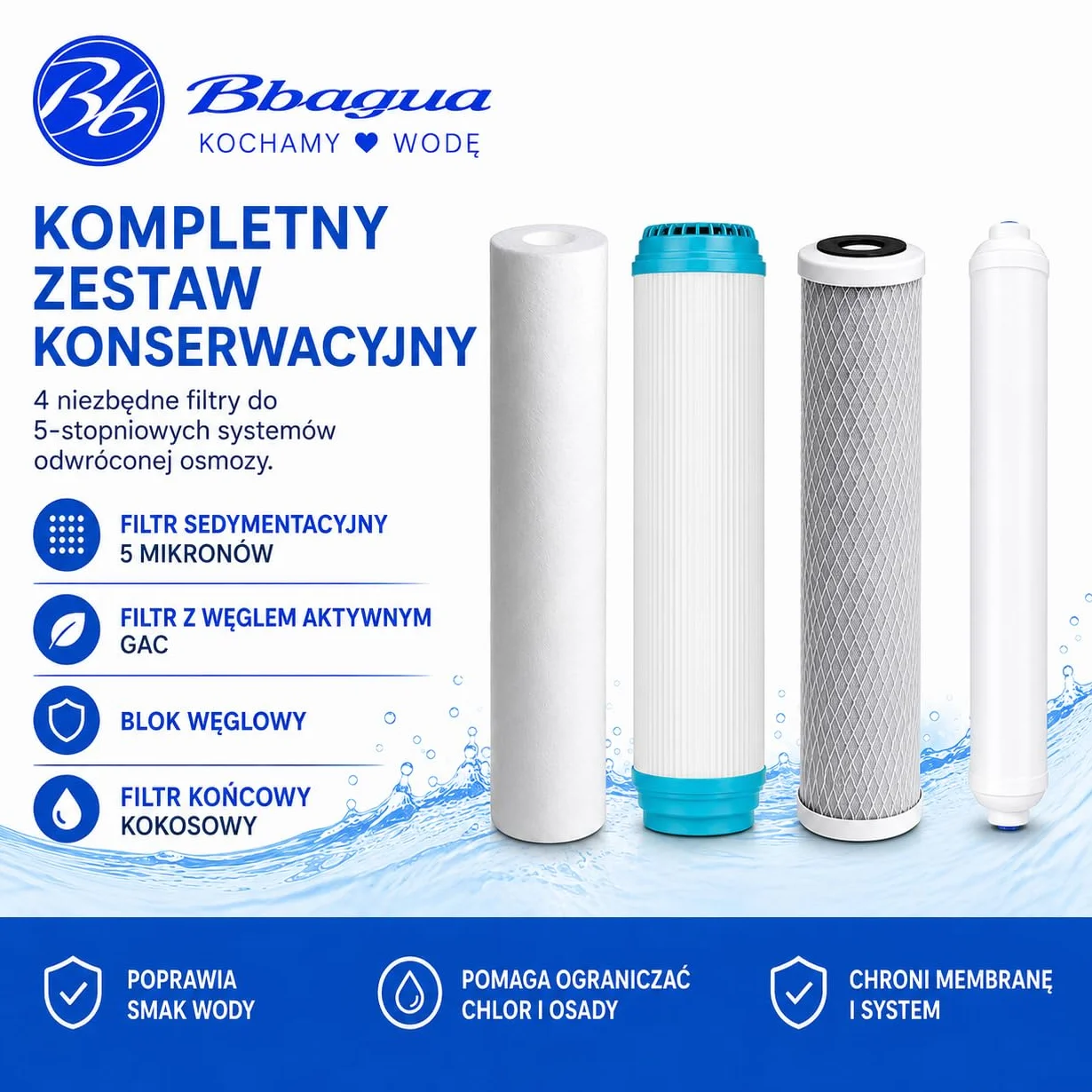 Zestaw 4 filtrów do wody do standardowego sprzętu do odwróconej osmozy. 1 osad, 1 węgiel GAC, 1 węgiel blokowy i 1 filtr końcowy z orzecha kokosowego. Wymieniaj raz w roku. Bbagua.