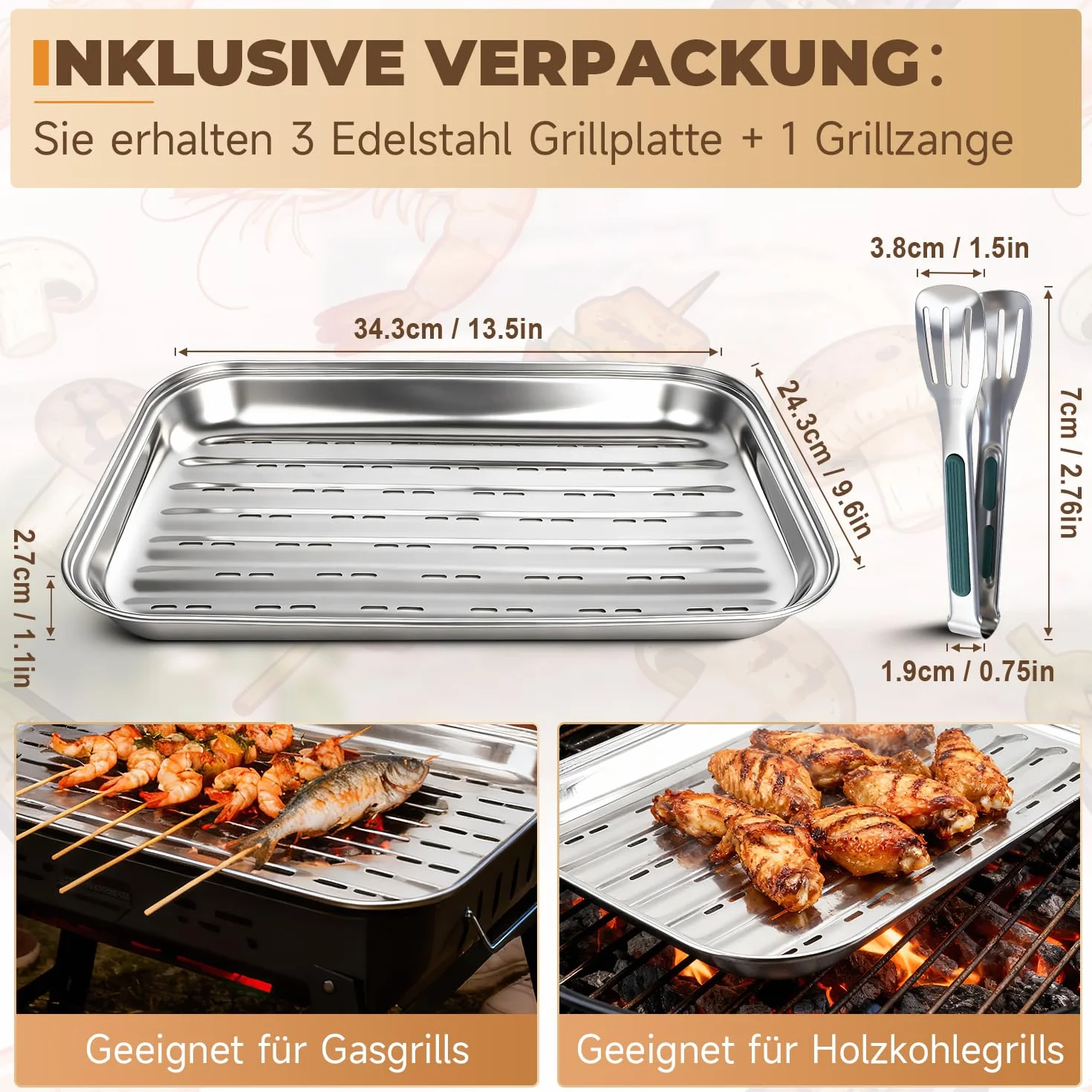 tacki do grilla ze stali nierdzewnej 3 sztuki, tacka do grilla ze stali nierdzewnej z 1 szczypcami do grilla, 34,9x24,5x2,7 cm, srebrne tacki do grillowania warzyw, wielokrotnego użytku z