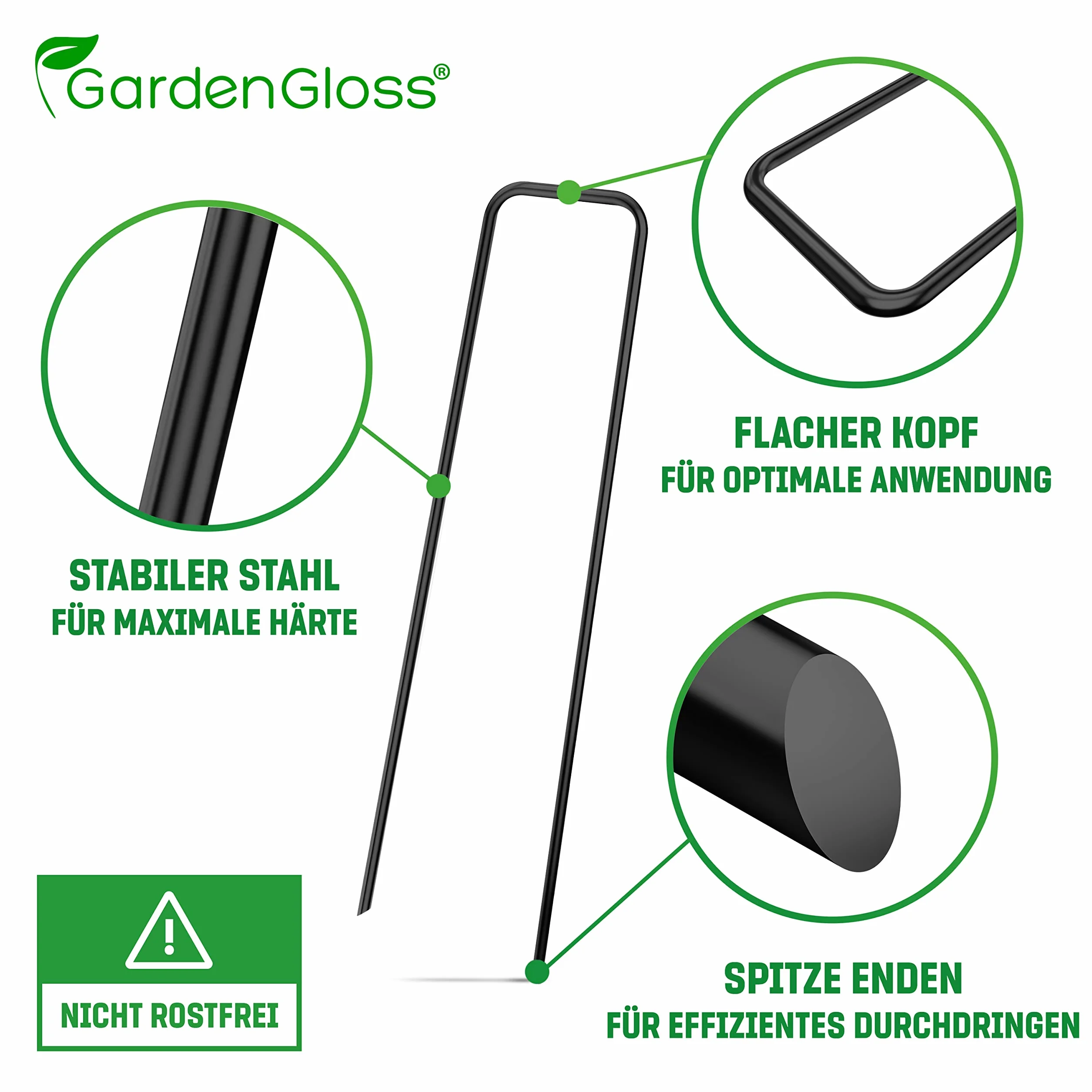 GardenGloss® Kotwy Gruntowe ze Stali, Nieocynkowane (50 Sztuk) – Solidne Kotwy do Agrowłókniny, Ogrodzenia i Siatki – 150 mm Długości, 25 mm Szerokości, Ø 2,7 mm