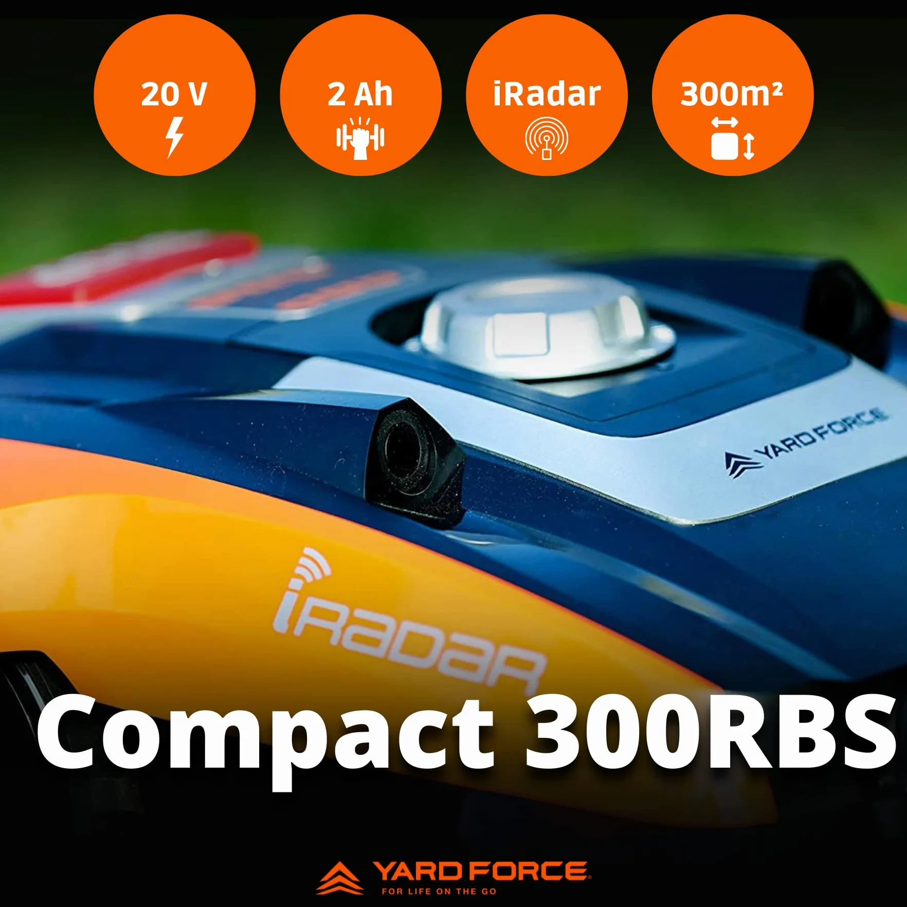 YARD FORCE Kosiarka Compact 300RBS samobieżna czujnik ultradźwiękowy iRadar Bluetooth silnik bezszczotkowy 20 V 2,0 Ah Czarna pomarańczowa