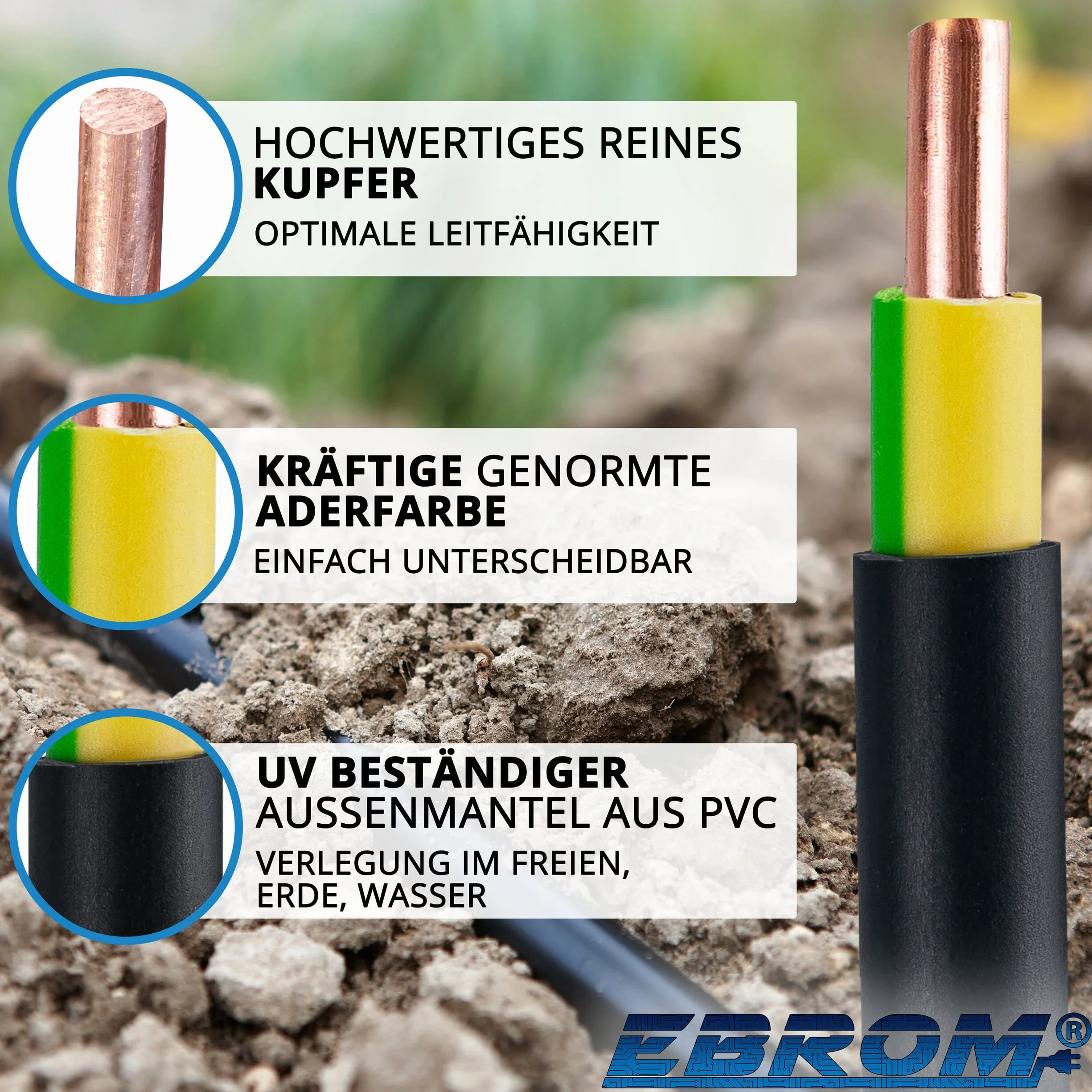 EBROM Kabel uziemiający NYY-J 1 x 16 mm², kabel zasilający PCW, przewód uziemiający z ochroną odgromową - czarny, towar sprzedawany na metry, wybór w odstępach 1 metra, 1 x 16 mm², długość: 10 m
