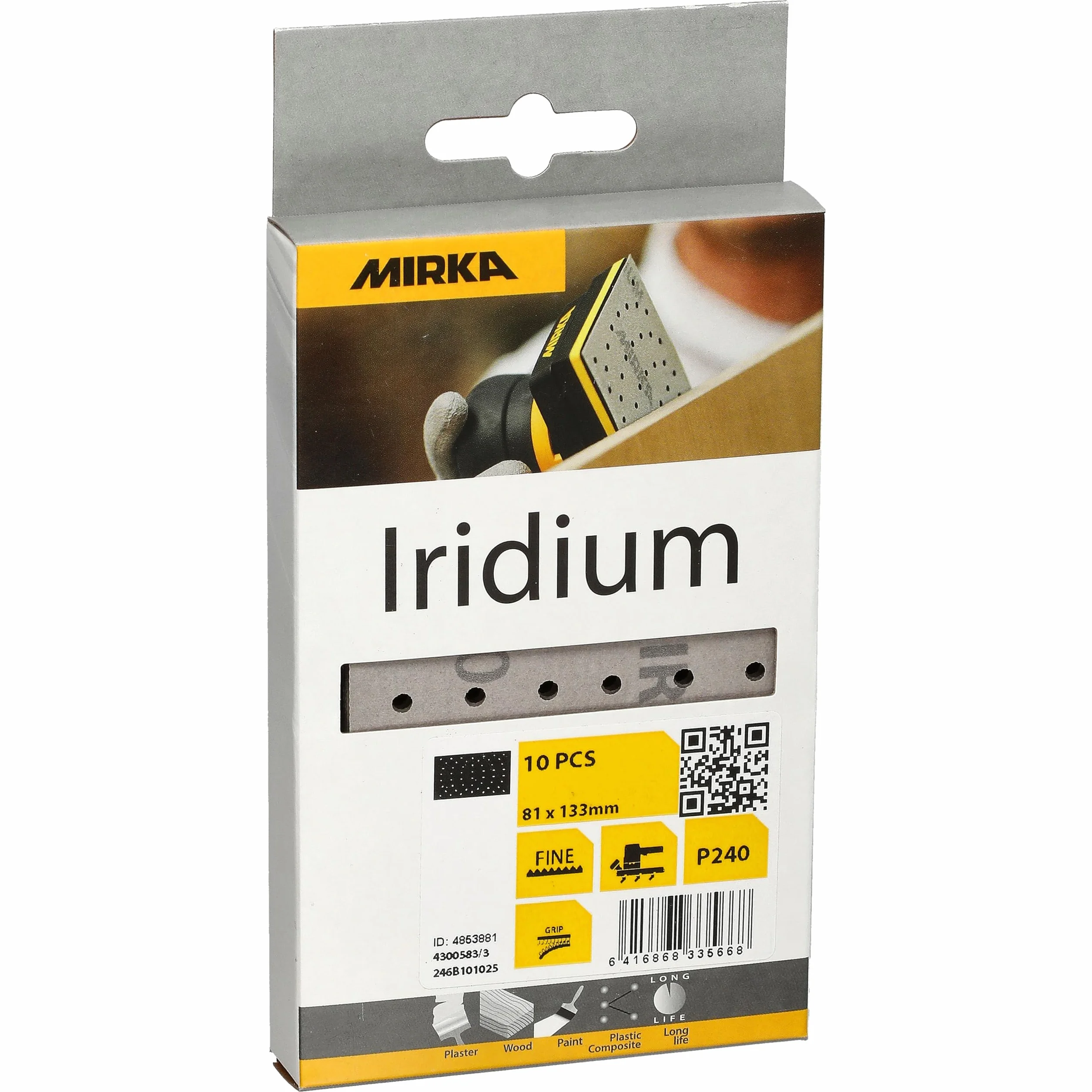 Mirka Iridium Premium papier ścierny 81x133mm rzep 54-otwory, ziarnistość 240, opakowanie 10 sztuk/Do szlifowania farb, szpachli, podkładów, drewna, stali, materiałów mineralnych, plastiku.