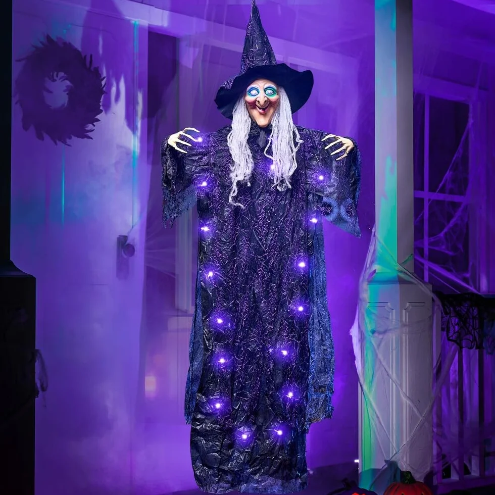 JOYIN Dekoracje na Halloween 183 cm do wnętrz wisząca gadająca czarownica wystrój, świecący duch z fioletowymi oczami aktywacja dźwiękiem nawiedzony dom artykuły imprezowe rekwizyt