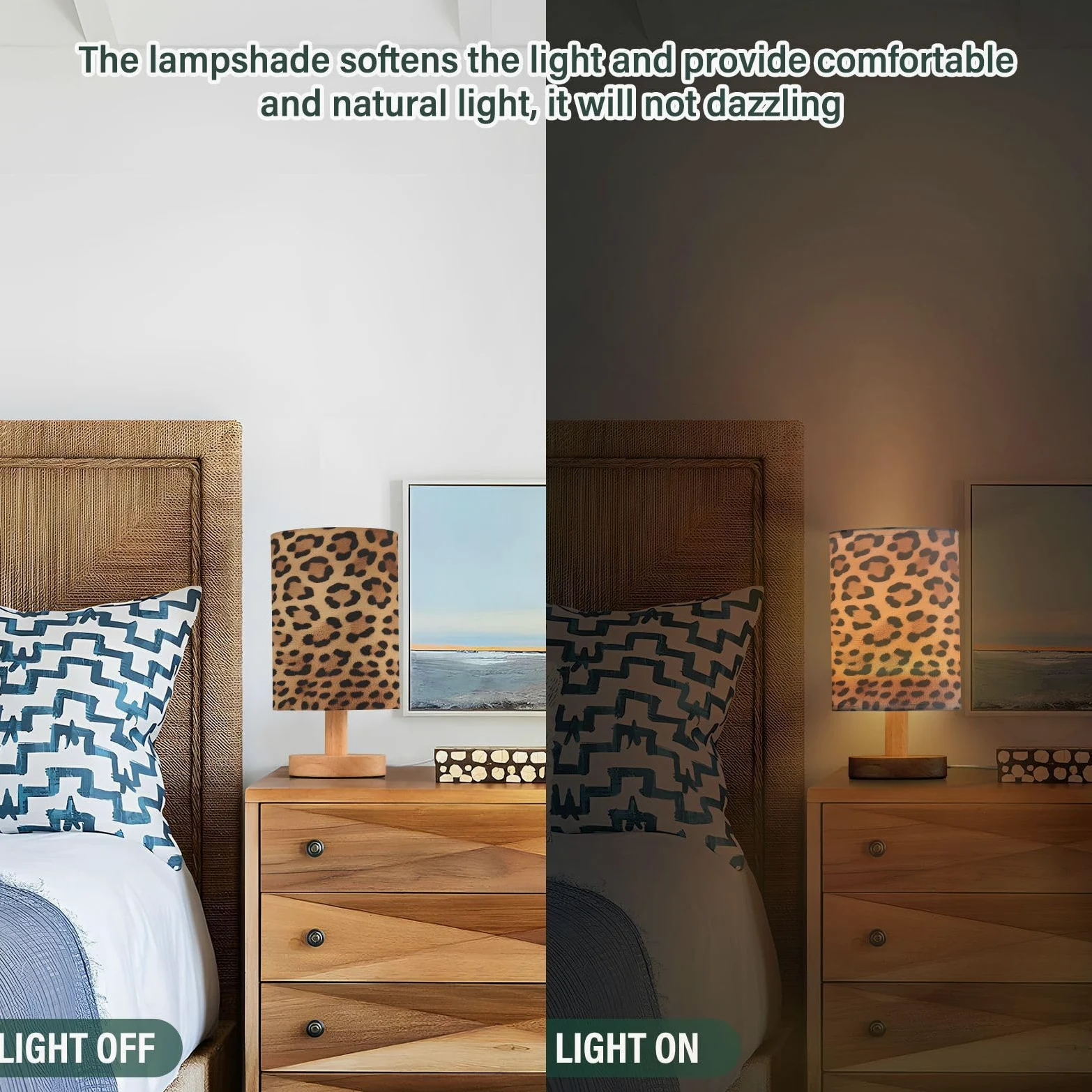 Lampa biurkowa LED USB z nadrukiem lamparta, mała lampka nocna z antypoślizgową drewnianą podstawą, cień, do salonu, sypialni, akademika, stylowe i funkcjonalne oświetlenie