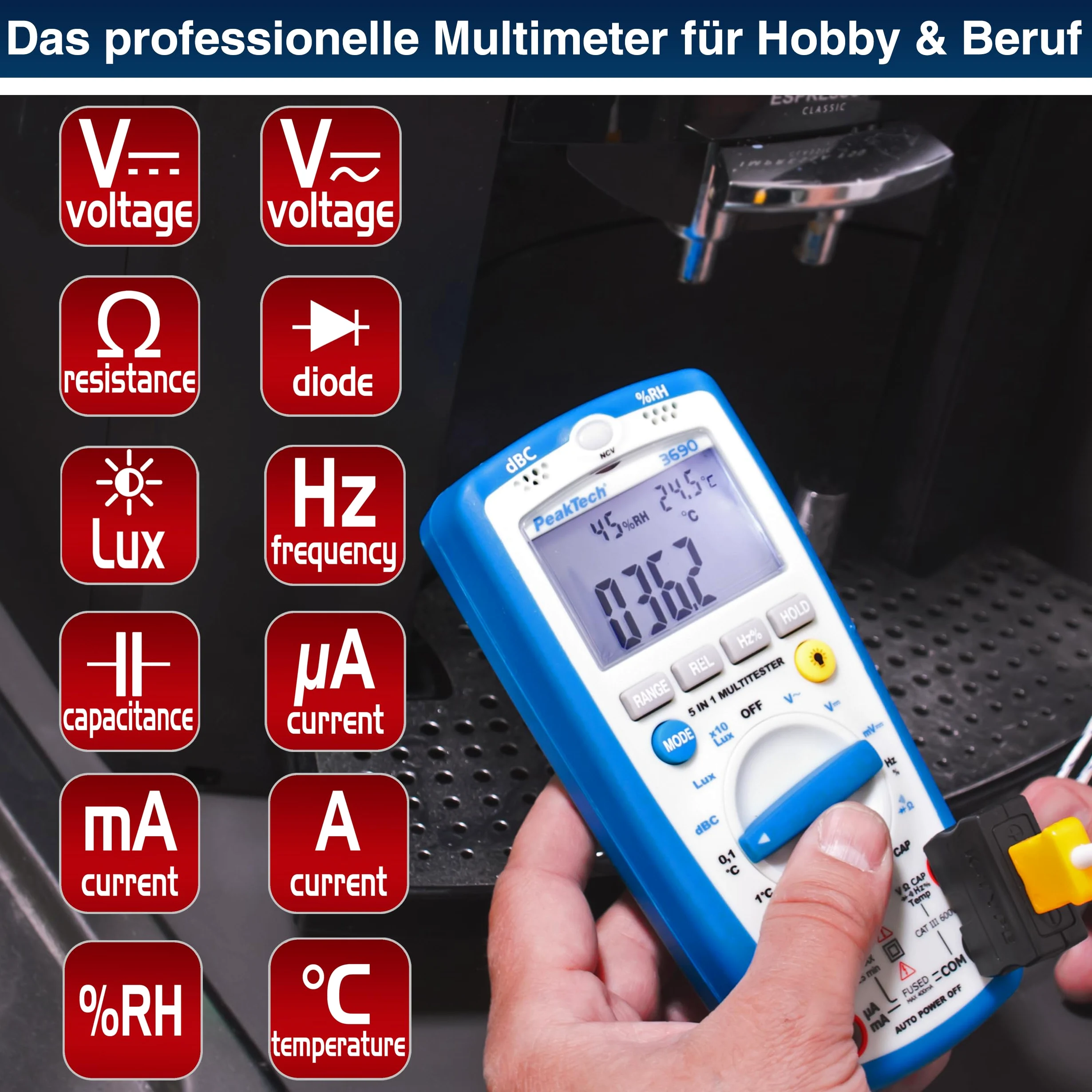 PeakTech P 3690 - Cyfrowy Multimetr ~ 4.000 zliczeń ~ z Miernikiem poziomu dźwięku, temperatury, wilgotności względnej i luksów