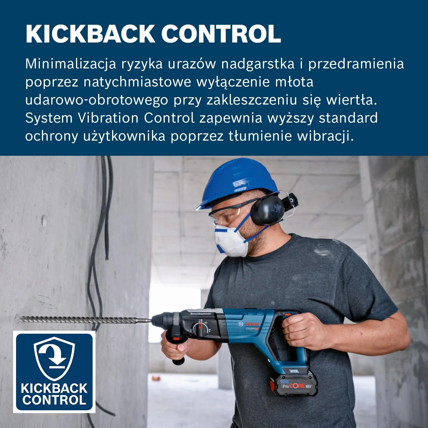 Bosch System profesjonalny 18 V firmy: akumulatorowy młot udarowo-obrotowy GBH 18V-28 D (KickBack Control, 2 akumulatory GBA 18V 5.5Ah, ładowarka GAL 1880, rękojeść dodatkowa, walizka XL-BOXX)