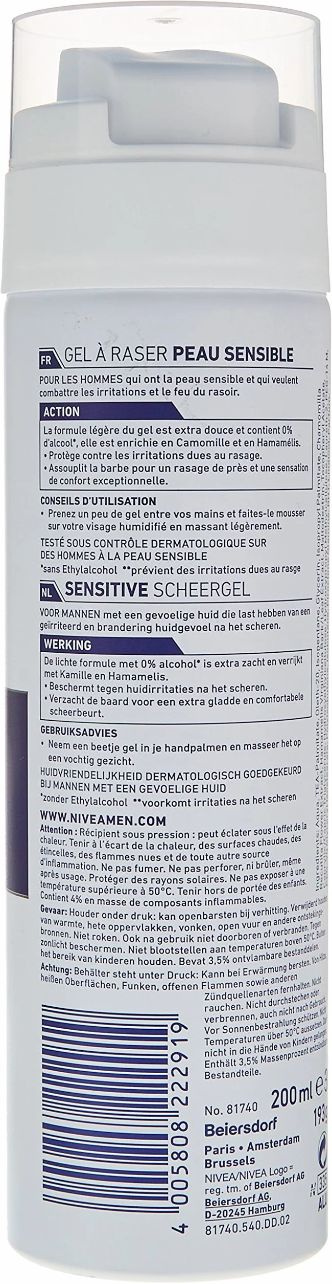 NIVEA MEN Żel do golenia skóry wrażliwej (1 x 200 ml), krem do golenia wzbogacony rumiankiem i oczarem wirginijskim, pielęgnacja golenia 0% alkoholu dla mężczyzn o wrażliwej skórze