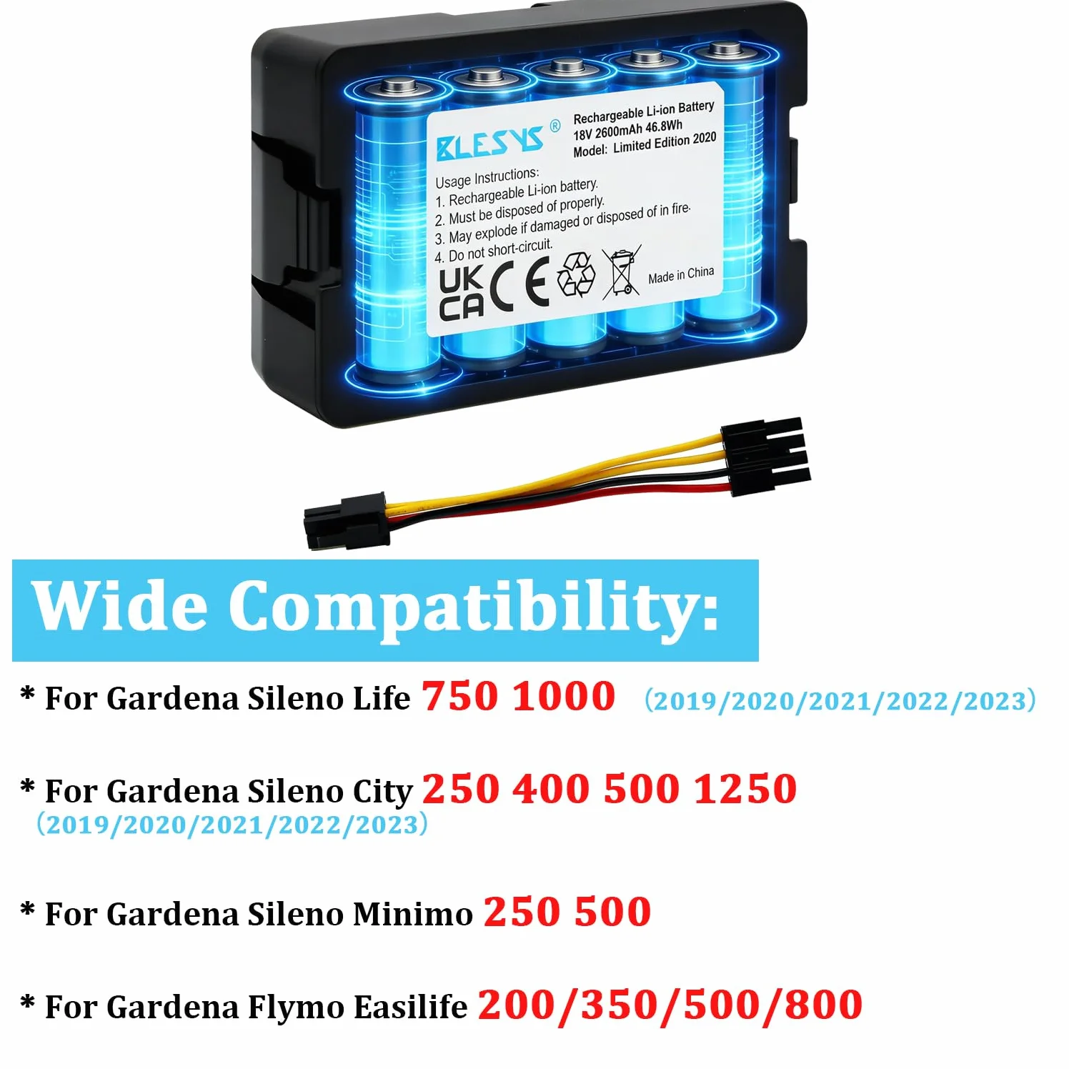 BLESYS Bateria do Gardena Sileno Life 750 1000（2019/2020/2021/2022/2023） Sileno City 250 400 500 1250 （2019/2020/2021/2022/2023） Sileno Minimo 250 500 Flymo Easilife 200/350/500/800 46.8Wh 18V