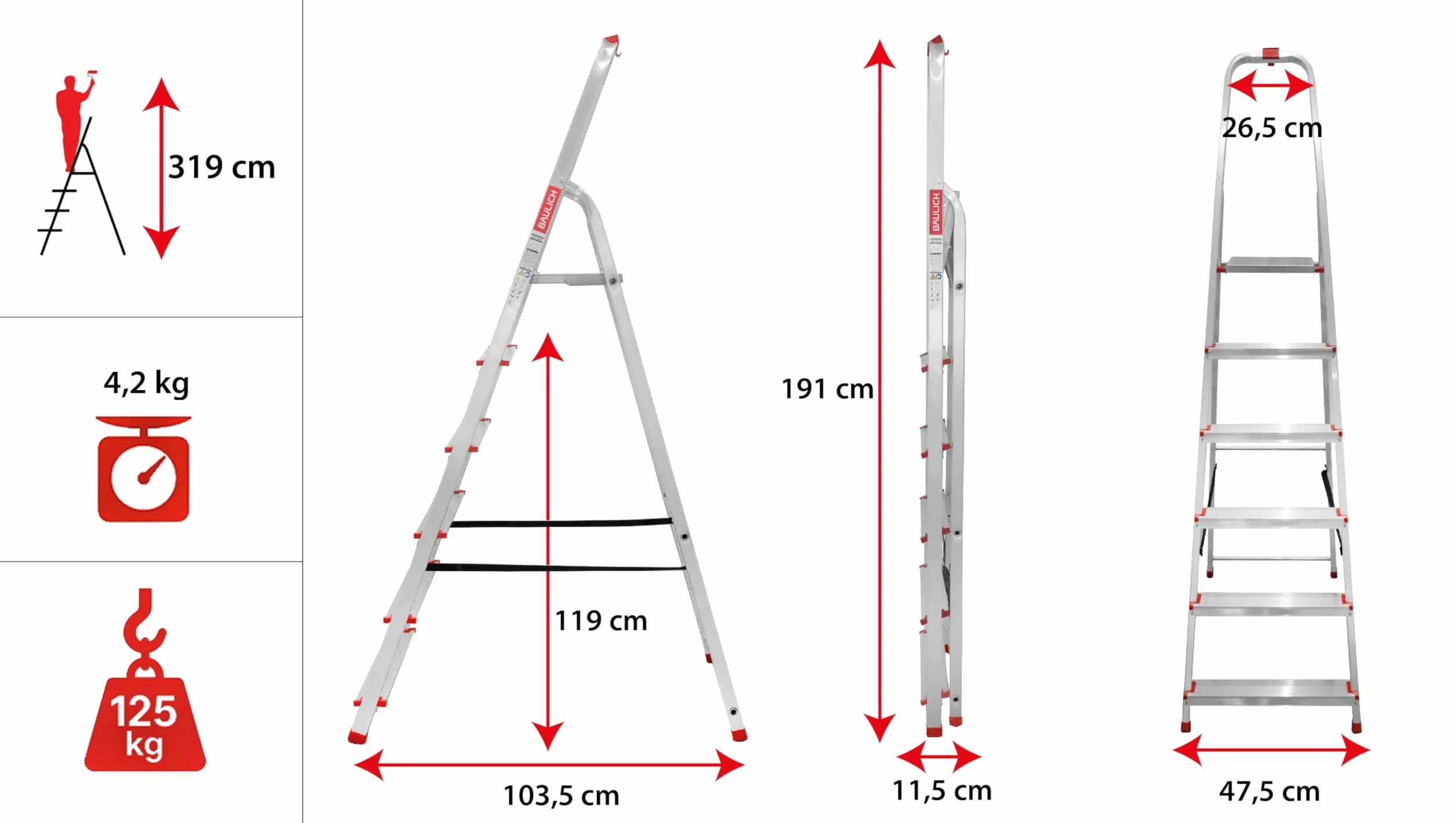 Aluminiowa drabina - 6 stopni, z haczykiem i 4 antypoślizgowymi końcówkami - solidna i ergonomiczna konstrukcja, łatwa do przenoszenia - 191 x 48 x 12 cm - nośność do 125 kg