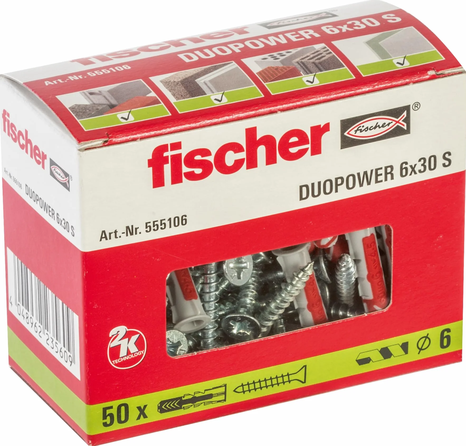 Fischer Duopower Kołki z Wkrętem, Szary/Czerwony, 6 x 30 mm (50 Sztuk)