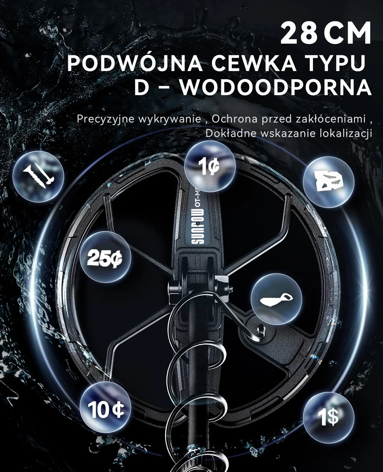 SUNPOW wykrywacz metali 11" Dual-D cewka lit-akumulator 35h IP68 wodoodporny 7-metal ID
